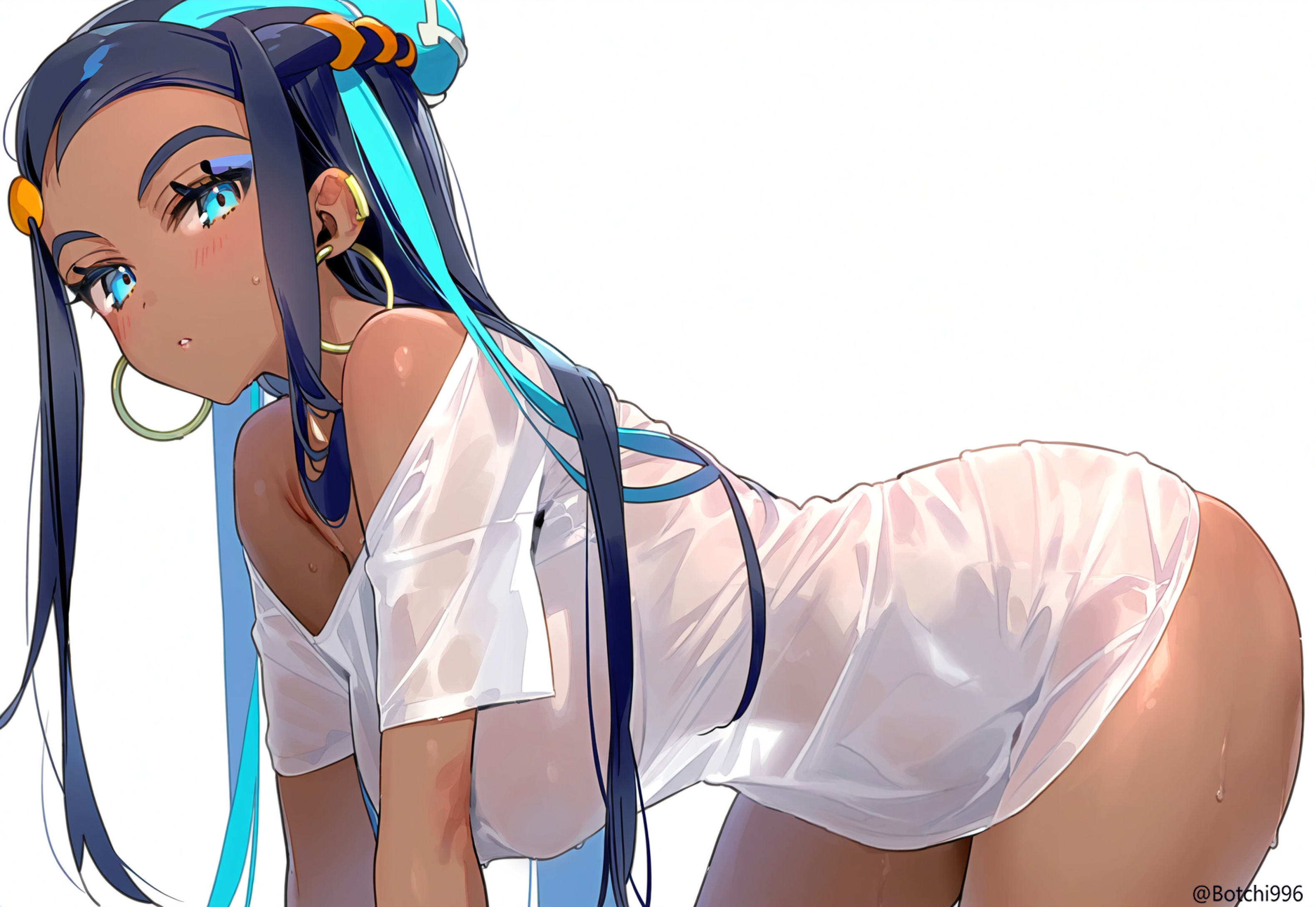 1girls, ai generated, bending, bending forward, bending over, botchi996, female, female only, nessa (pokemon), nintendo, pokemon, solo, tagme, white t-shirt