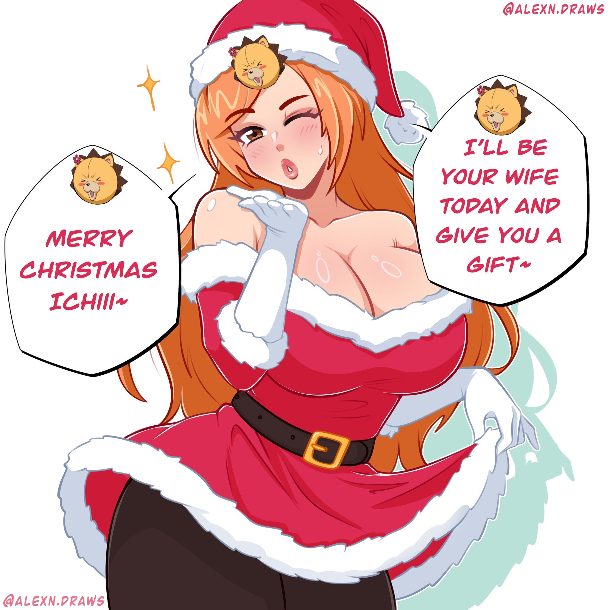 1girls, alexndraws, alternate outfit, big breasts, bleach, blowing kiss, breasts, christmas, christmas costume, christmas hat, implied possession, inoue orihime, jpg, kon (bleach), orange hair, santa costume, santa dress, shiny skin, twitter link