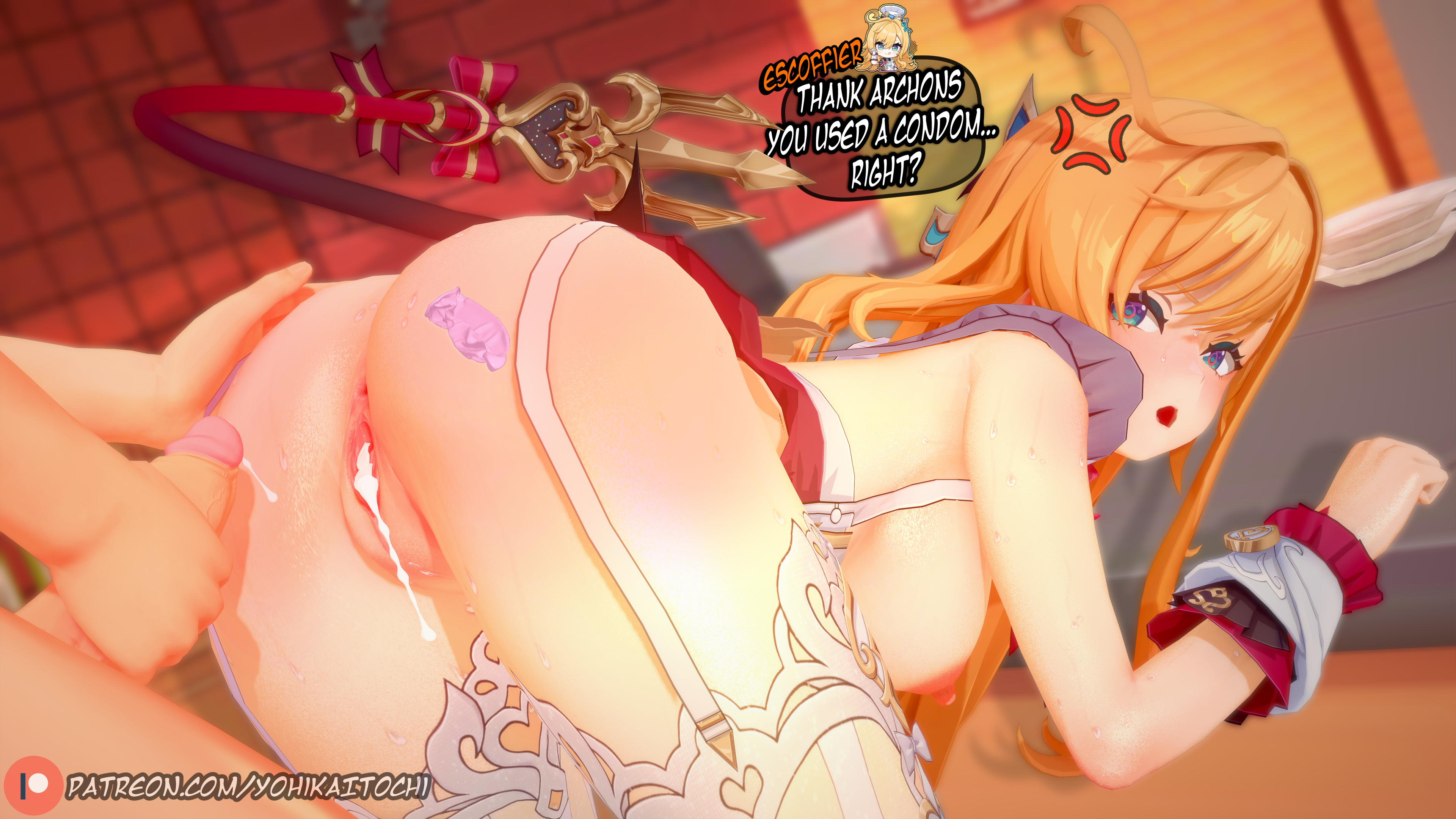 1boy, 1girls, aether (genshin impact), aqua eyes, breasts, chef, condom removal, cum, cum in pussy, cum inside, escoffier (genshin impact), female, from above, garter straps, genshin impact, hat, headwear, kitchen, lace-trimmed thighhighs, long hair, looking away, male, medium breasts, nipples, orange hair, patreon, penis, perky breasts, pointless condom, pussy, removing condom, standing, tail, thighhighs, uncensored, unwanted creampie, unwanted cum inside, unwanted cumshot, unwanted ejaculation, watermark, white stockings, white thighhighs, yohika itochi