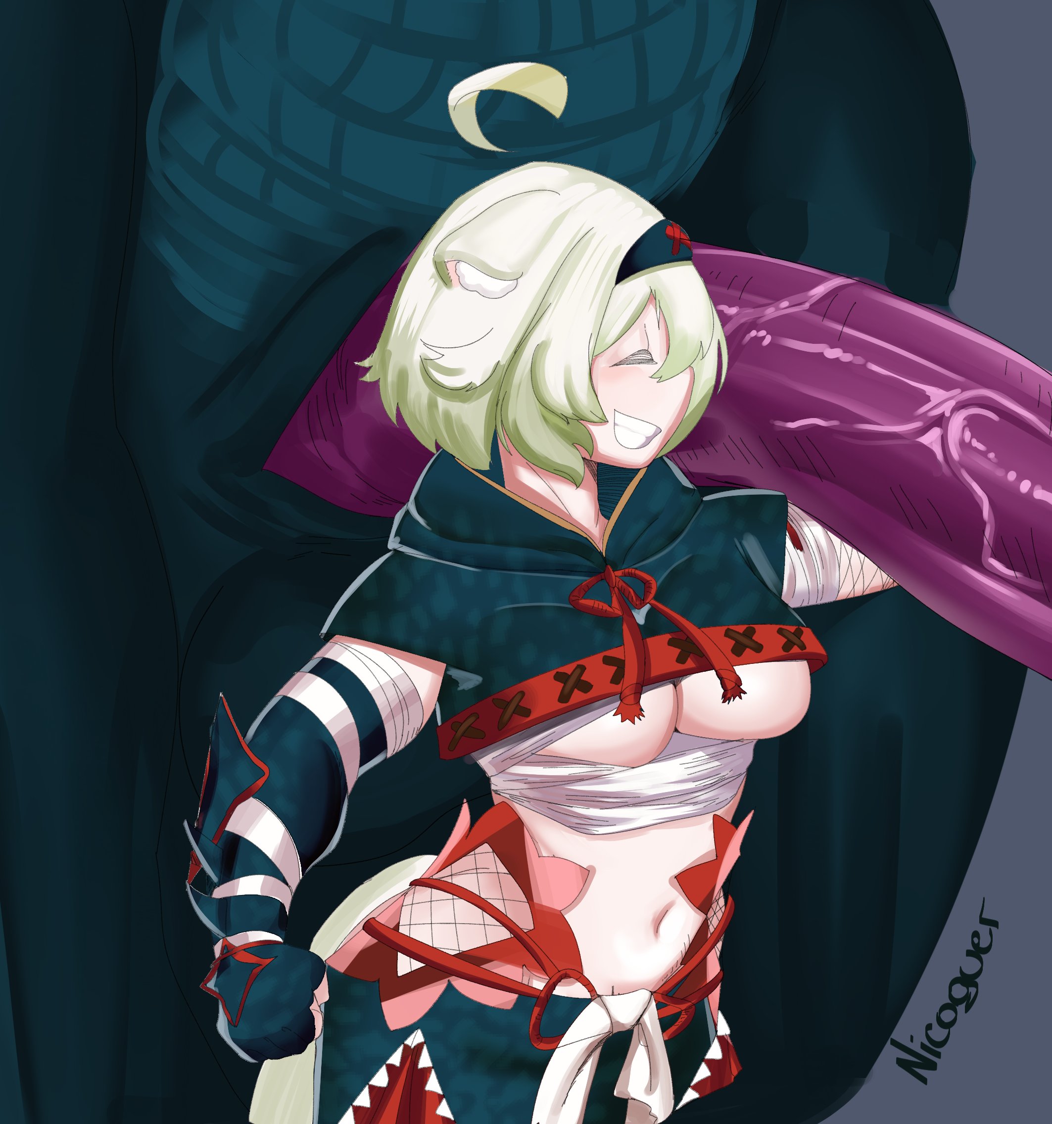 1boy, 1girls, ahoge, animal ears, arm up, armor, bandage, bandages, big breasts, breast squeeze, breasts, closed eyes, clothing, collarbone, duo, female, ferret girl, fully clothed, green highlights, hairband, holding penis, indie virtual youtuber, laimu, laimu (huntress), male, monster cock, monster hunter, nargacuga (armor), nicoguer, penis, penis on shoulder, purple skin, sarashi, short hair, size difference, smiling, standing, straight, tail, thighs, veiny penis, virtual youtuber, vtuber, white hair, wraps, zoophilia