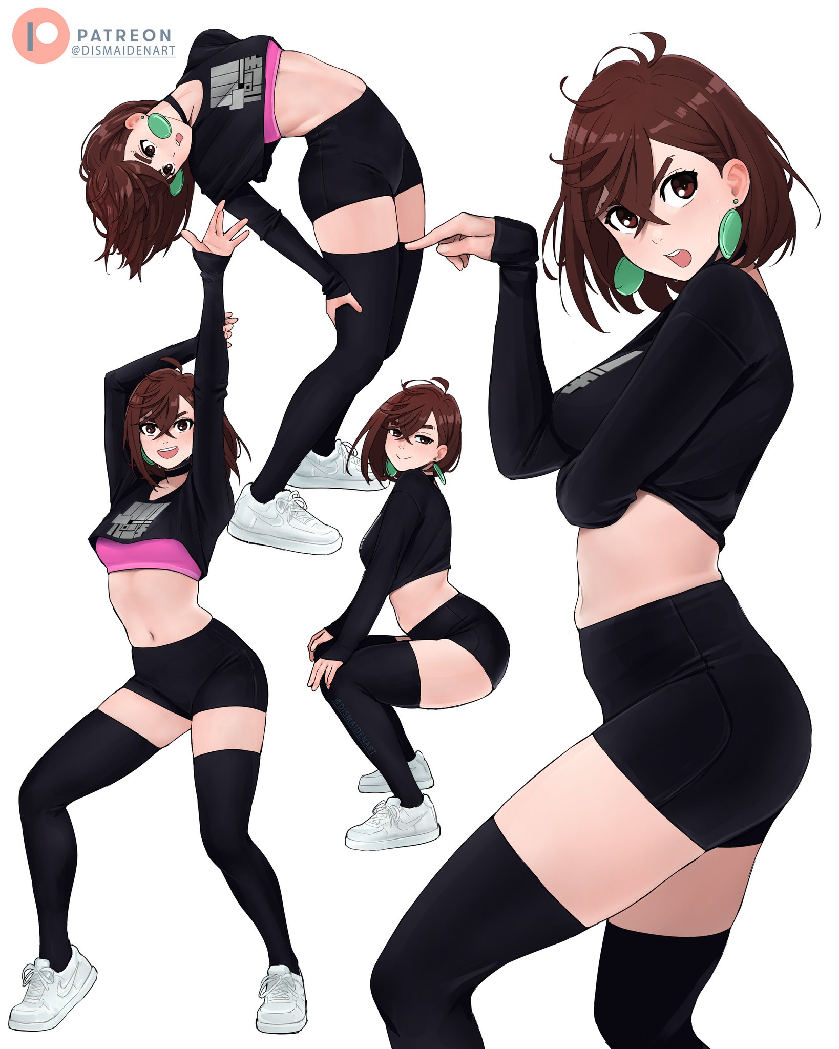1girls, 2d, ass, axfa, ayase momo, belly, black choker, black socks, booty shorts, breasts, brown eyes, brown hair, brown-haired female, bushy eyebrows, choker, confident, confident pose, crop top, crossed bangs, dancer, dancing, dandadan, dismaiden, fanart, female, footwear, gyaru, hi res, k-pop, legwear, light skin, light-skinned female, medium breasts, medium hair, messy hair, multiple views, navel, nike, nike logo, pendant earring, pink sports bra, pose, posing, shoes, short, short hair, shorts, simple background, slim waist, socks, socks and shoes, solo, sports bra, standing, thigh socks, thighhighs, thighs, tomboyified, tomboyish, twerking position, urban fashion, white background, wide hips