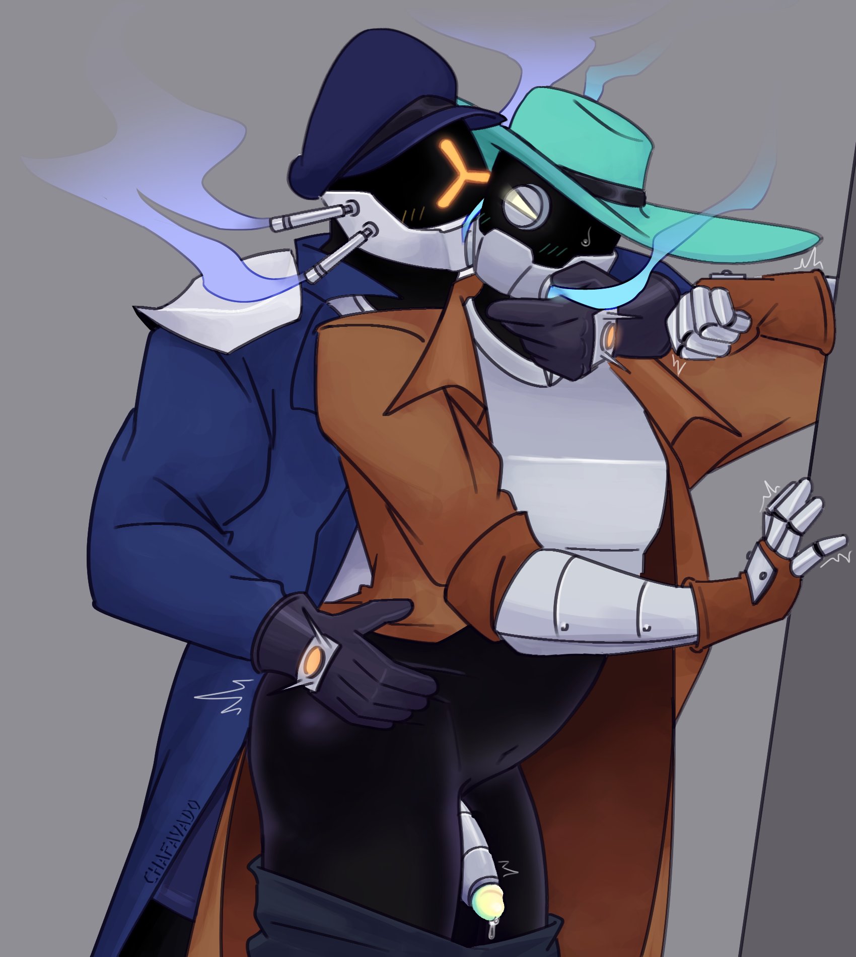 2025, 2boys, ambiguous species, anal, bandit (risk of rain), bara, black body, black skin, blue jacket, captain (risk of rain), chafa, clothed, clothed sex, clothing, cowboy hat, exhaust pipe, feet out of frame, gay, gay anal, gloved, gloves, hat, helmet, male, male only, male penetrated, male penetrating, male penetrating male, male/male, masked, masked male, movement lines, risk of rain, risk of rain 2, robot, robot humanoid, shoulder pads, signature, standing sex, sweatdrop, trembling, unseen male face, yaoi
