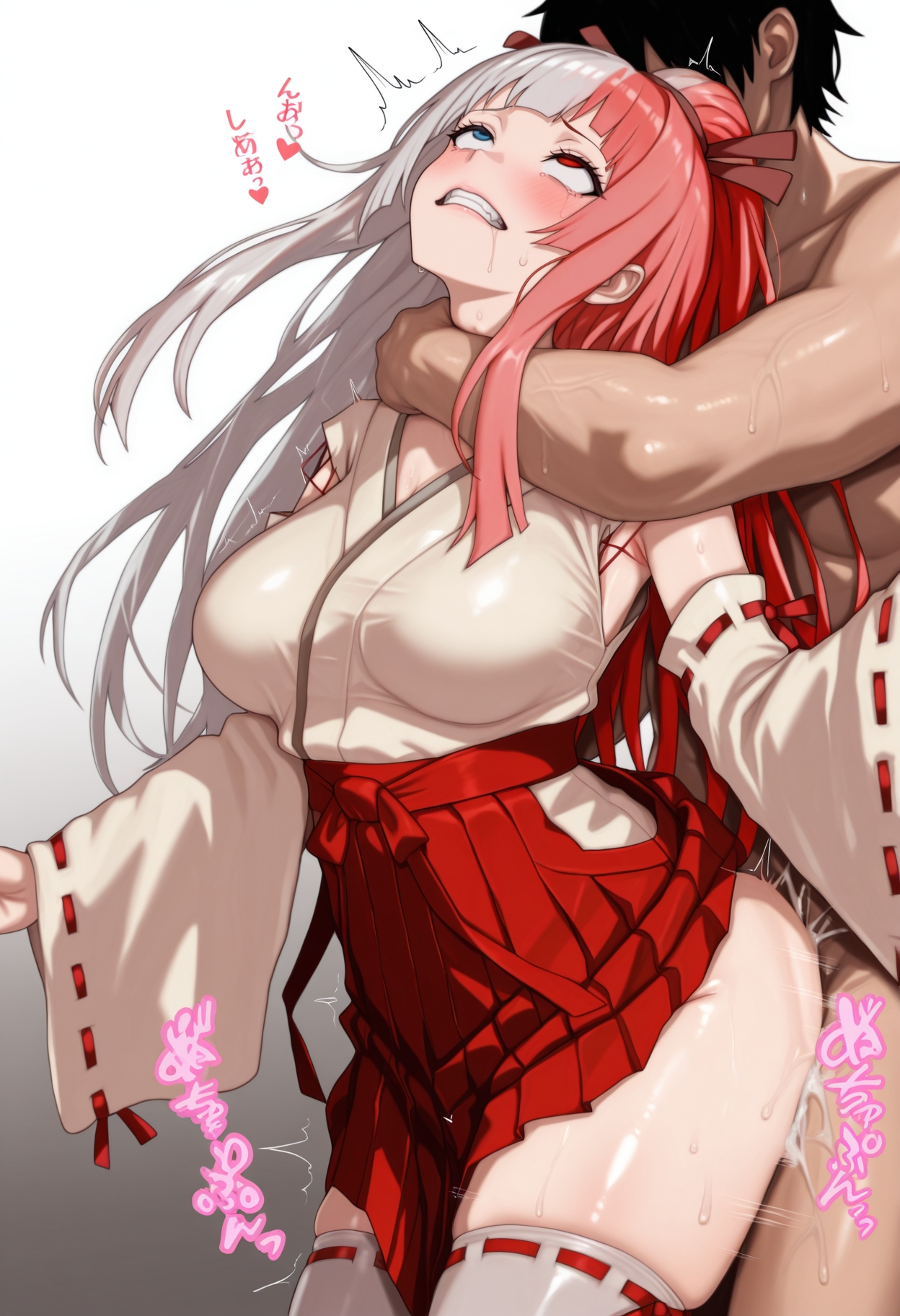 1boy, 1girls, ai generated, asphyxiation, bangs, blue eyes, blush, breasts, choking, clenched teeth, clothed female nude male, clothed sex, clothes lift, consensual, consensual strangling, cum, detached sleeves, enjoying, enjoying asphyxiation, enjoying sex, faux text, female, gradient, gradient background, hair ribbon, hakama, hakama short skirt, hakama skirt, half updo, heart, heterochromia, illustrious (stable diffusion), japanese clothes, large breasts, long hair, long sleeves, looking pleasured, male, male/female, masa works design, masochism, masochist, masochistic female, milua, motion lines, multicolored hair, nude, oni to kitsune no hanashi, orgasm, pleasure face, pleasured, red eyes, red hair, red hakama, red ribbon, ribbon, ribbon trim, ribbon-trimmed sleeves, rolling eyes, rough sex, saliva, self upload, sex, sex from behind, sidelocks, skindentation, skirt, sound effects, split-color hair, standing, standing sex, straight, strangling, sweat, teeth, thighhighs, trembling, tsukuyomi oborodzuka, two-tone hair, wai-nsfw-illustrious-sdxl, white hair, wide sleeves