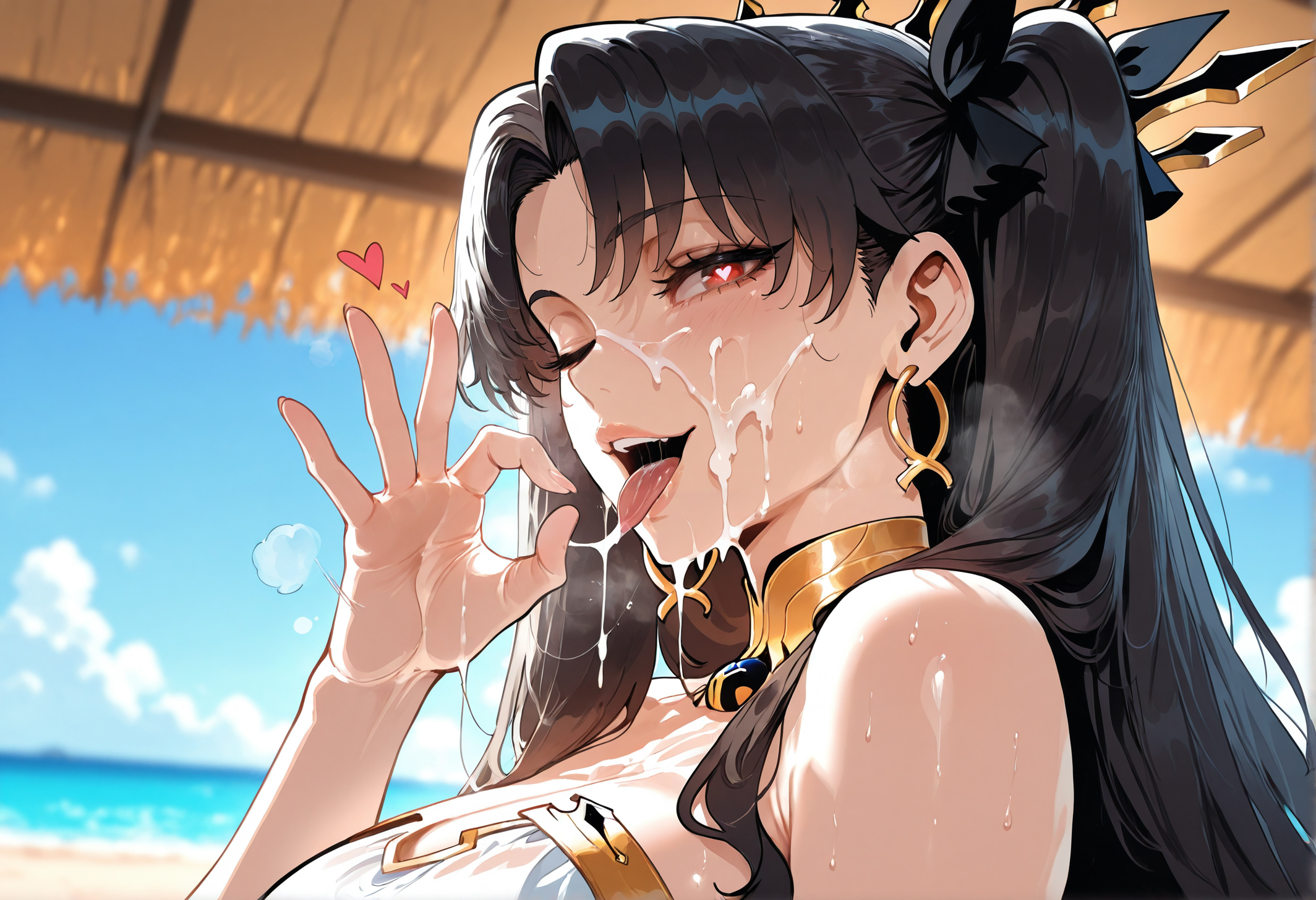 ;d, 1girls, ai generated, armlet, bangs, bare shoulders, beach, black hair, blue sky, blush, bow, breasts, choker, clavicle, cleavage, clothing, cloud, cum, cum in mouth, cum on body, curvaceous, curvaceous female, curvaceous figure, curvy, curvy figure, dark skin, day, detached collar, earrings, exhibitionism, facial, fate (series), fate/grand order, fellatio gesture, female, female focus, female only, hair ornament, hair ribbon, headwear, heart, heart-shaped pupils, hoop earrings, ishtar (fate), jewelry, large breasts, long hair, looking at viewer, miyuai, nail polish, naughty face, neck ring, necklace, nipples, nude, ocean, one eye closed, open mouth, outdoors, outside, parted bangs, red eyes, ribbon, saliva, semen, semen on body, semen on breasts, semen on chest, semen on upper body, sexually suggestive, sidelocks, sky, smile, solo, sweat, swimsuit, symbol-shaped pupils, teeth, tiara, tongue, tongue out, twintails, two side up, upper body, upper teeth, voluptuous, voluptuous female, water, white bikini, wink