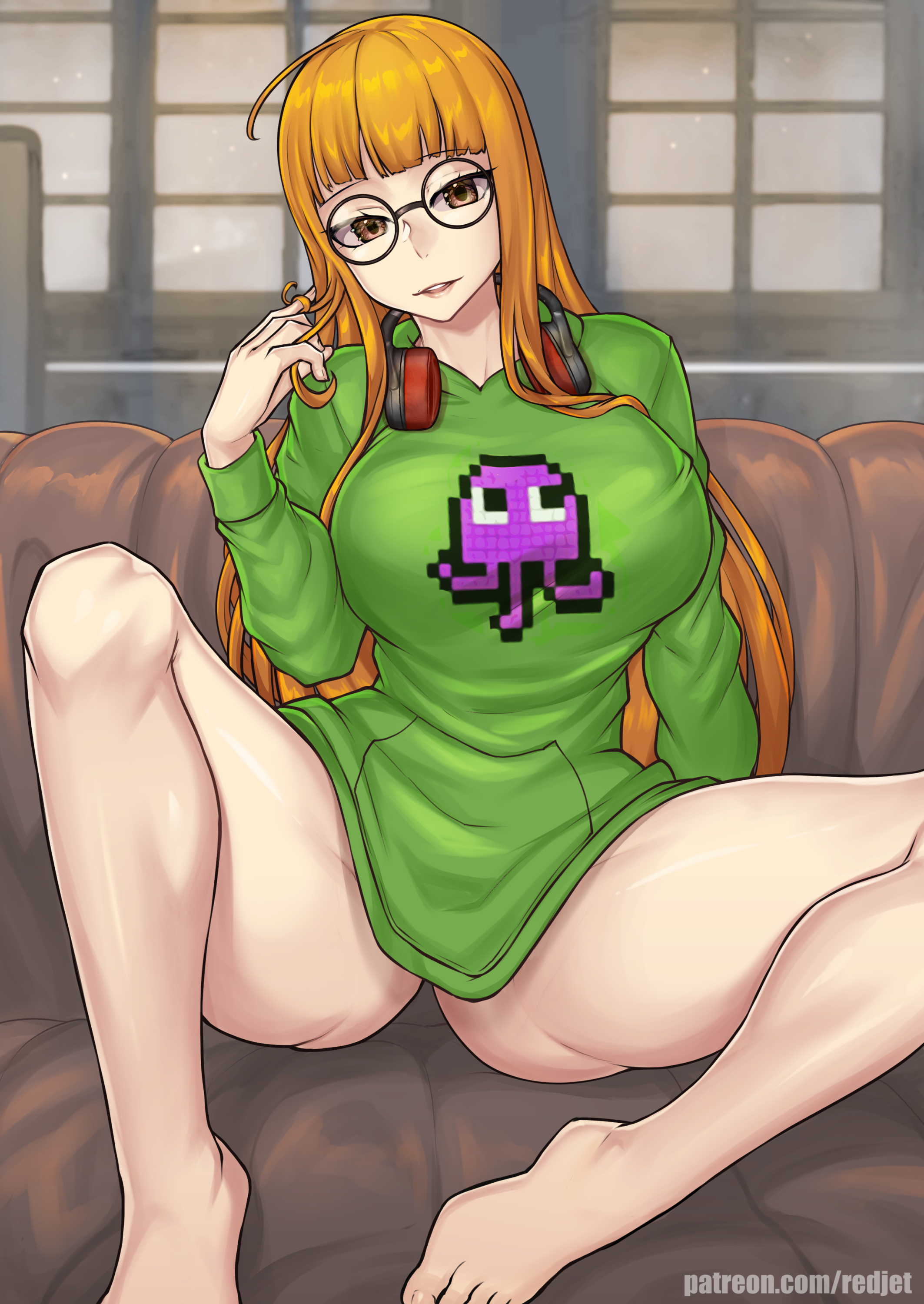 alternate breast size, artist name, big breasts, breasts, couch, curling hair, feet, female, glasses, green shirt, headphones, headphones around neck, hourglass figure, light skin, light-skinned female, orange hair, patreon, patreon username, persona, persona 5, redjet, sakura futaba, spread legs, thick thighs, window