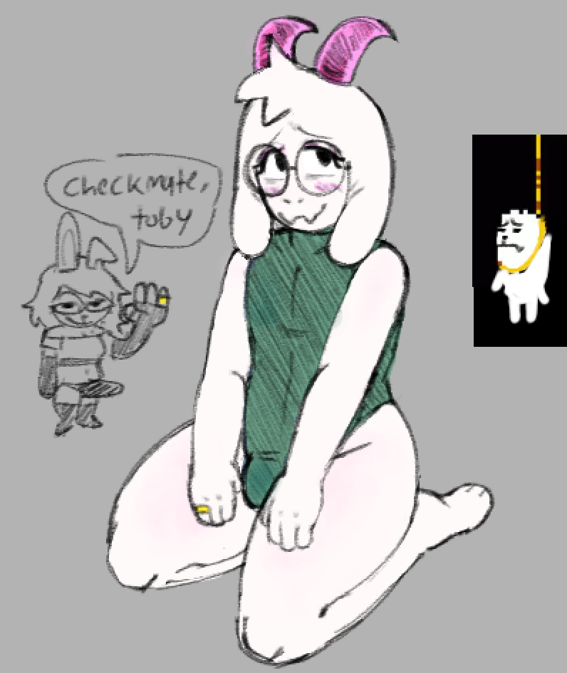 2025 anthro blush bovid bulge caprine clothing crop_top deltarune dialogue digit_ring duo english_text erection eyewear femboy fembunns fembunns_(character) glasses goat gynomorph horn intersex jewelry kneeling lagomorph leporid male mammal nervous one-piece_swimsuit rabbit ralsei ring shirt simple_background sitting swimwear text thick_thighs topwear trans_(lore) trans_woman_(lore) undertale_(series) wedding_ring