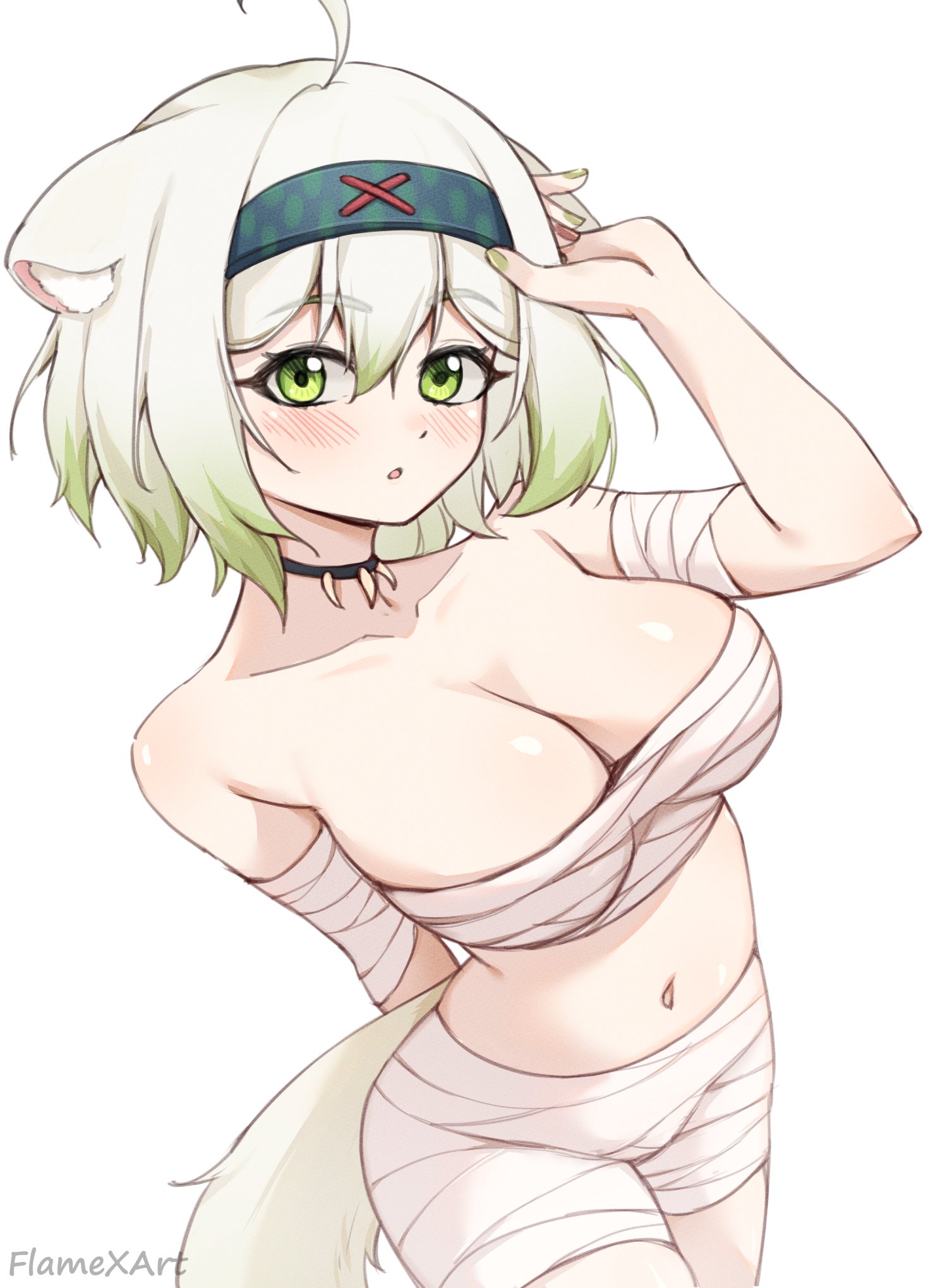 1girls, ahoge, animal ears, arm up, bandage, bandages, big breasts, blush, breasts, clothing, curvy, female, female only, ferret girl, flamexart, green eyes, green highlights, hairband, indie virtual youtuber, laimu, laimu (huntress), looking at viewer, monster hunter, nail polish, nargacuga (armor), necklace, sarashi, short hair, solo, standing, tail, thighs, tooth necklace, underwear, virtual youtuber, vtuber, white hair, wraps