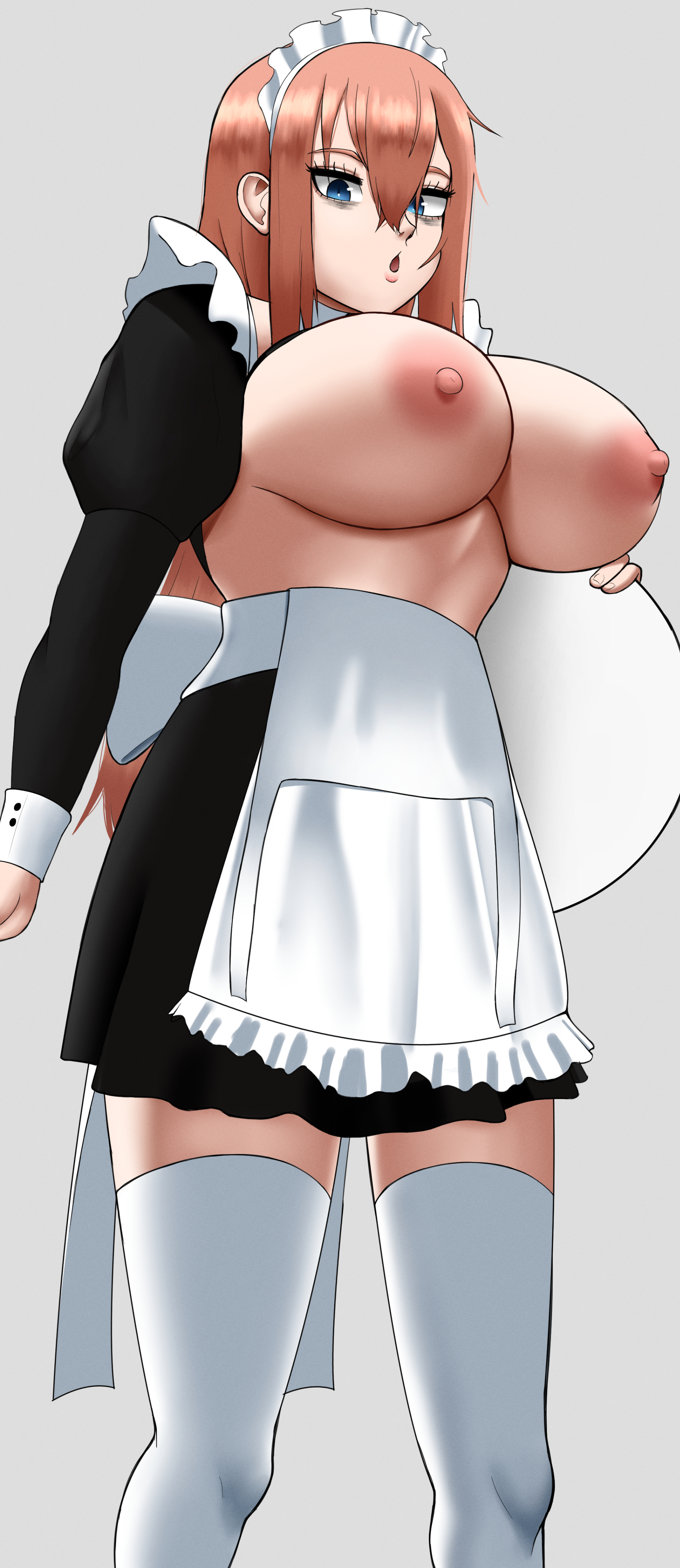 areolae, bags under eyes, blue eyes, breasts, female, large breasts, maid, maid headdress, maid uniform, michinoku komaro, nipples, pink hair, poketune, seitokai nimo anawa aru!, solo, solo female, strawberry blonde hair, thighhighs