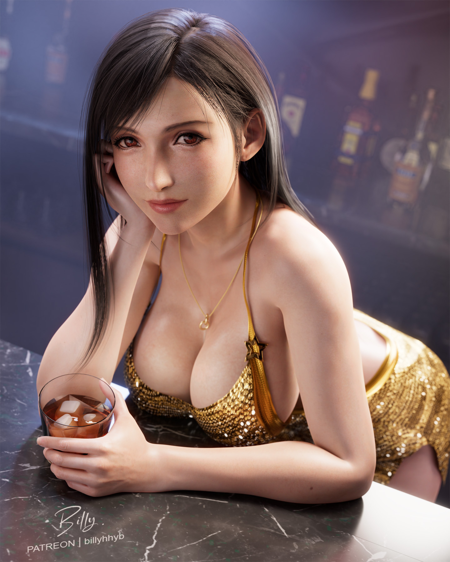 1girls, 2025, 3d, alcohol, alcoholic drink, asian female, bar, bartender, big breasts, billyhhyb, blender, breasts, club, covered breasts, covered nipples, dark brown hair, drink, eyeliner, female, female only, final fantasy, final fantasy vii, final fantasy vii rebirth, final fantasy vii remake, fit, fit female, golden dress, ice cube, indoors, japanese female, large breasts, lipstick, long hair, looking at viewer, necklace, no bra, no earrings, red eyes, render, revealing dress, side boob, solo, solo female, solo focus, square enix, tifa lockhart
