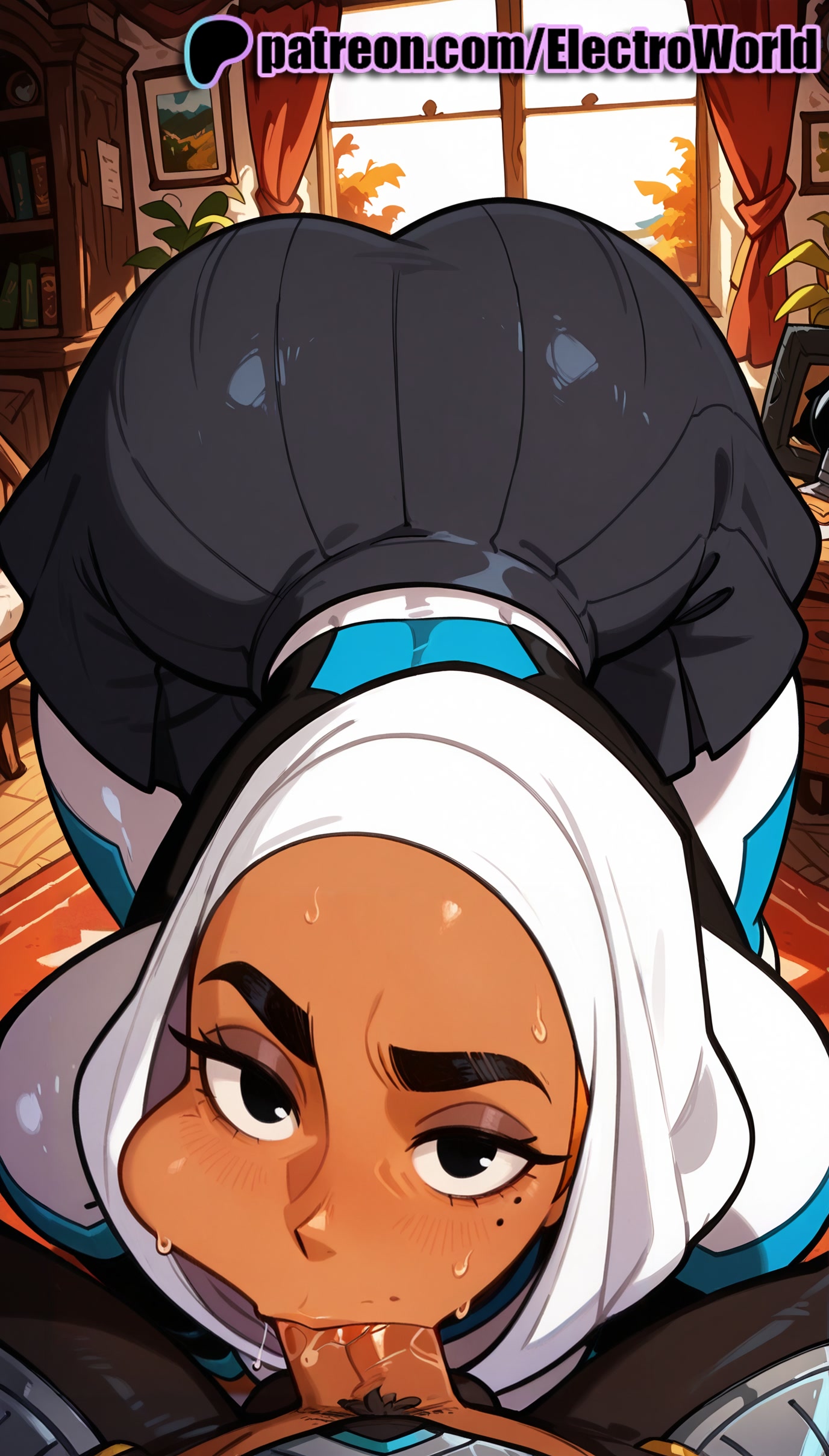 :>=, 1girls, 2025, ai generated, artist name, ass, ass up, beauty mark under eye, big ass, big butt, big butt cheeks, blowjob, blowjob face, bottom heavy, bubble ass, bubble butt, cheek bulge, curvaceous, curvy, curvy female, curvy figure, dark skin, dark-skinned female, electroworld, face down ass up, fellatio, female, glitch techs, hi res, high quality, high resolution, highres, hijab, huge ass, huge butt, licking, male, mole, oral, oral sex, patreon, patreon username, penis, round ass, round butt, slim waist, small waist, stable diffusion, sucking, sucking penis, sweat, thick ass, thick legs, thick thighs, voluptuous female, watermark, wide hips, zahra rashid