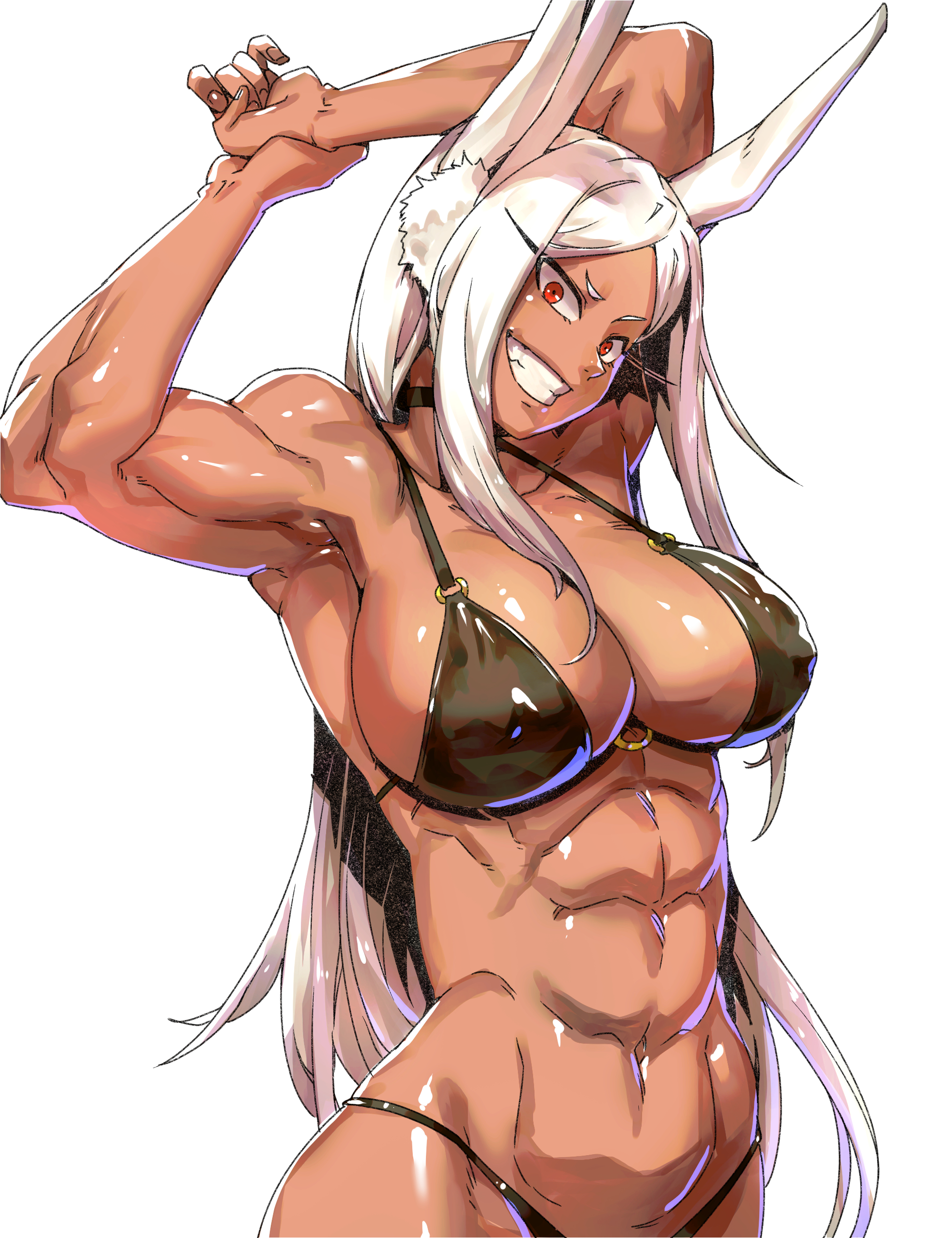 1girls, abs, arms above head, arms behind head, big breasts, bikini, boku no hero academia, breasts, bunny ears, bunny girl, dark skin, dark-skinned female, female, hips, long hair, looking at viewer, minew, mirko, miruko, muscular, muscular female, my hero academia, nipple bulge, rabbit ears, rabbit girl, red eyes, rumi usagiyama, shiny, shiny skin, simple background, smile, smirk, smirking, solo, solo female, solo focus, stretching, white background, white hair, wide hips