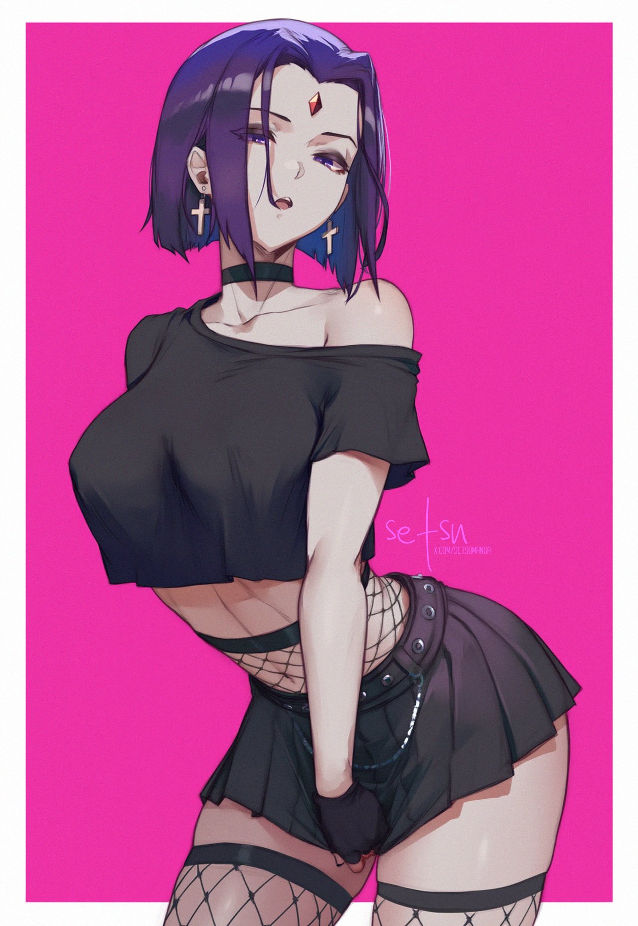 1girls, abs, ai generated, black shirt, black skirt, bob cut, cross earrings, dc, dc comics, earrings, female, fishnets, goth, goth fashion, goth girl, nipples bulge, purple hair, raven (dc), setsuaiart, short hair, short shirt, short skirt, skirt