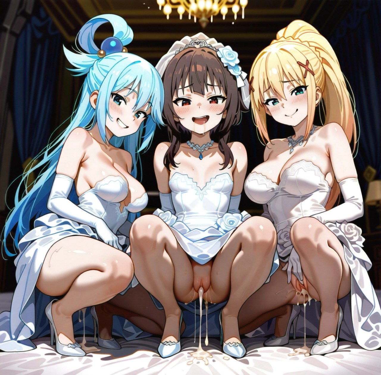 3girls, after sex, after vaginal, ai generated, aqua (konosuba), aqua eyes, aqua hair, big breasts, blonde female, blonde hair, breasts, bride, brown hair, cum in pussy, cum inside, darkness (konosuba), dress, drooling, female, female only, high heels, kono subarashii sekai ni shukufuku wo!, leaking cum, medium breasts, megumin, mouth closed, multiple females, multiple girls, only female, open mouth, pussy, red eyes, seductive, seductive look, seductive smile, small breasts, spread legs, squatting, wedding dress