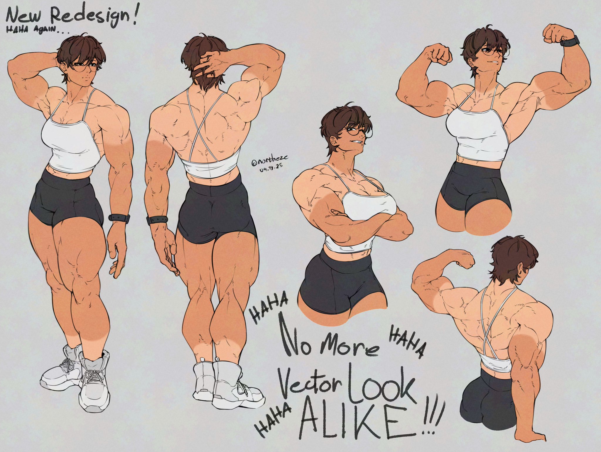 athletic female, big muscles, female, flexing, flexing arms, flexing bicep, flexing both biceps, glasses, lean muscle, muscles, muscular, muscular back, muscular female, northeze, oc, reference sheet, ria (northeze), ripped muscles, short shorts, shredded muscles, solo focus, tan body, tan lines, thick thighs, tomboy