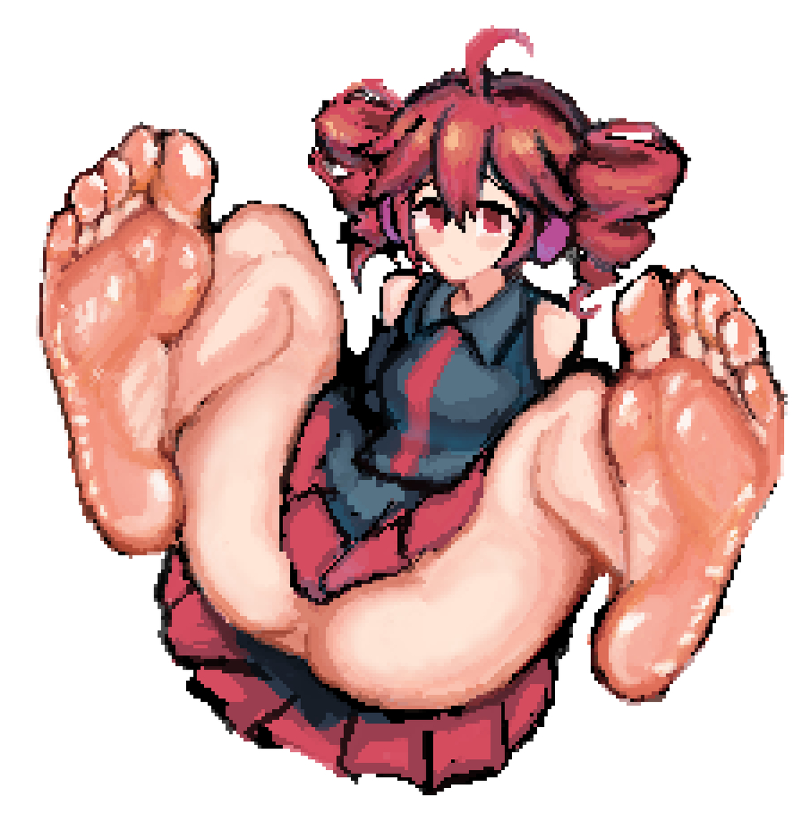1girls, 2d, 2d (artwork), ahoge, ass, breasts, clothed, clothed female, clothing, detailed feet, expressionless, feet, female, female only, foot fetish, haruyo514, kasane teto, legs up, no panties, red eyes, red hair, skirt, skirt lift, soles, solo, solo female, spread legs, thick thighs, thighs, toes, twin drills, upskirt, utau, white background