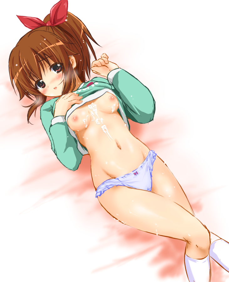 1girls artist_request blush breasts brown_eyes brown_hair character_request chisato_(missing_park) cum cum_on_body cum_on_breasts cum_on_upper_body female kneehighs lying navel nipples no_pants on_back panties ponytail ribbon shirt shirt_lift short_hair solo source_request tied_hair underwear