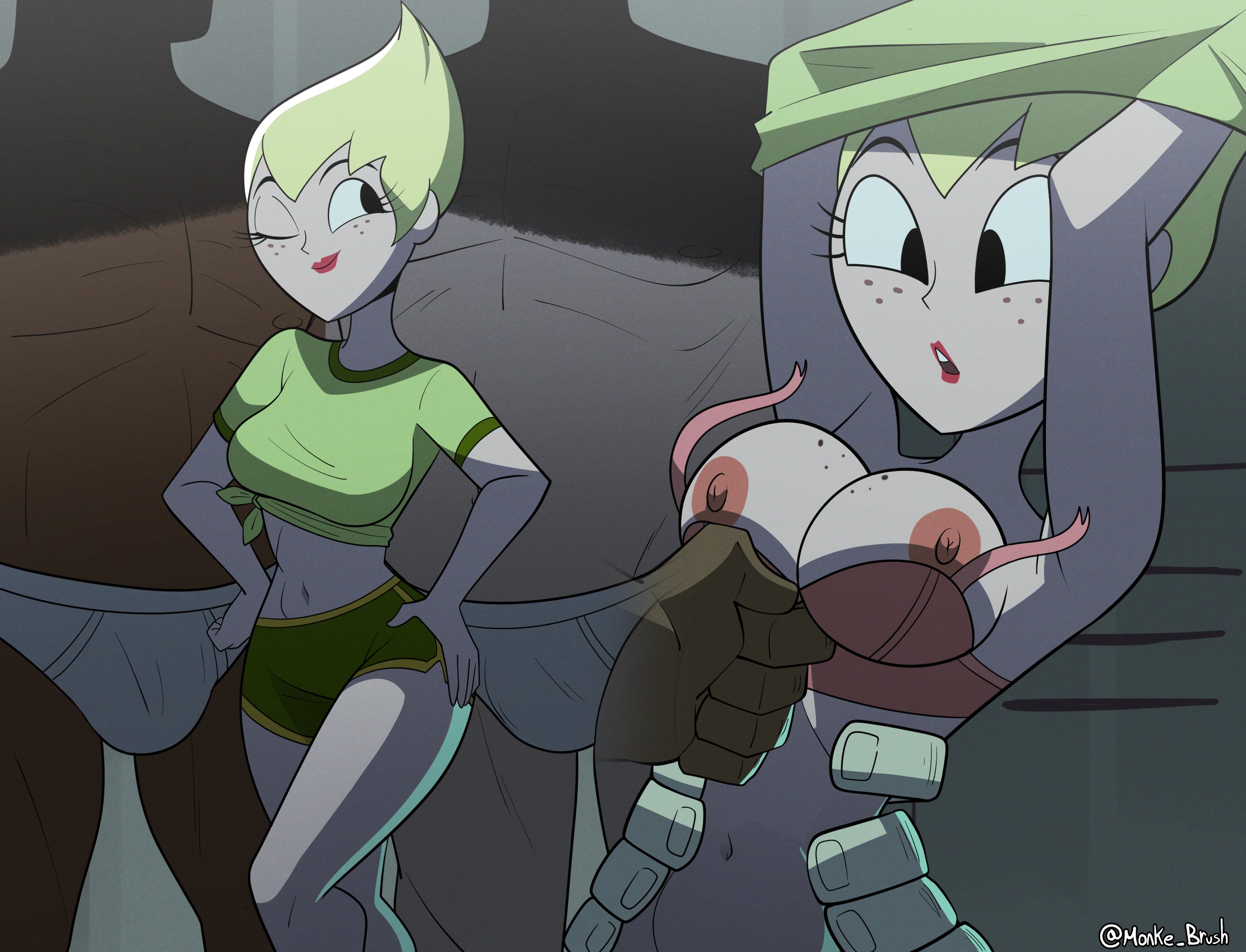 1girls, 2boys, bare breasts, big breasts, breasts, cartoon network, exposed breasts, female, male, monke brush, nipples, orgy, princess ilana, size difference, sym-bionic titan, unseen male face