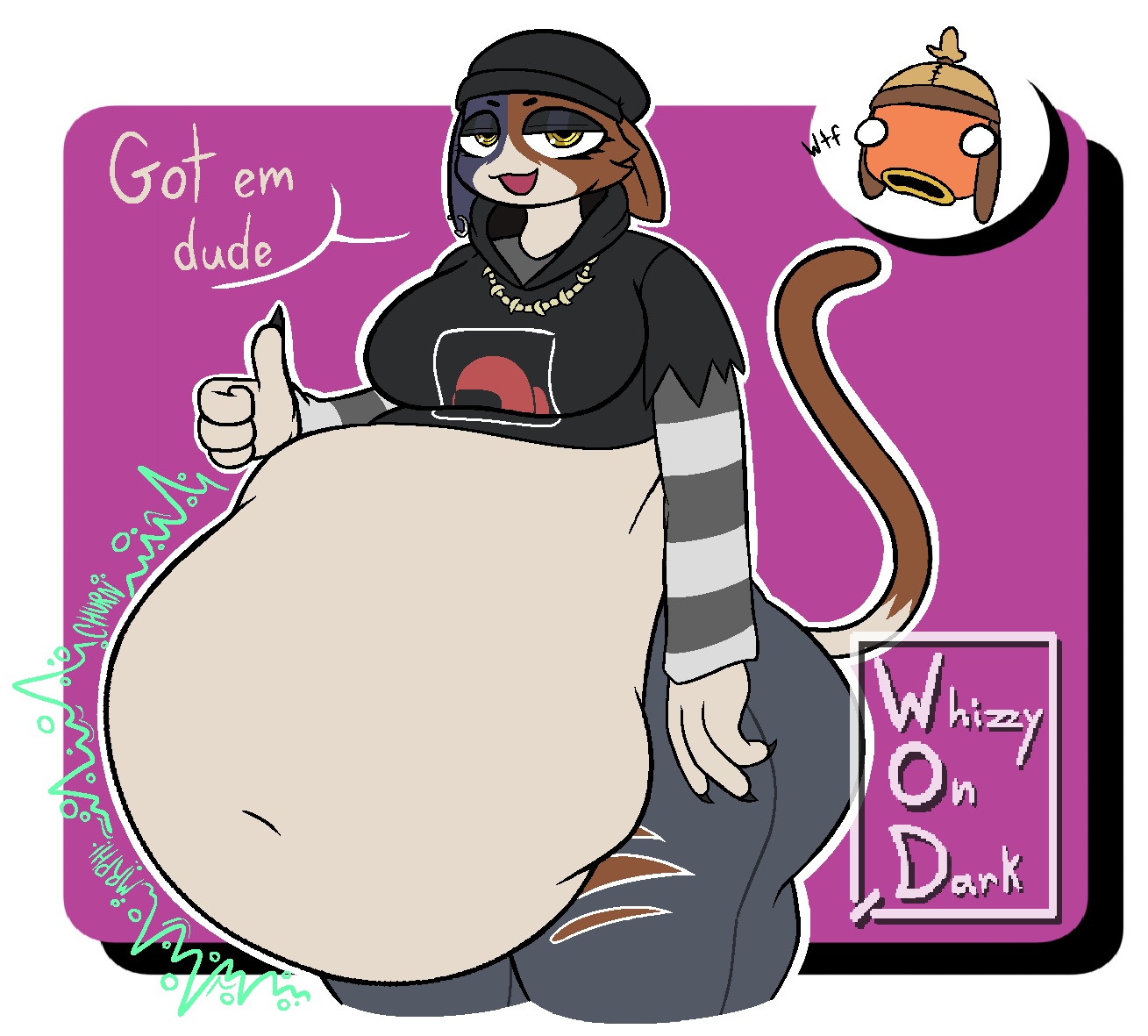 anthro, belly, big belly, breasts, female, female pred, fishstick (fortnite), fortnite, fortnite: battle royale, furry, furry female, huge belly, meow skulls (fortnite), onomatopoeia, pred, vore, vore belly, weight gain, whizzy