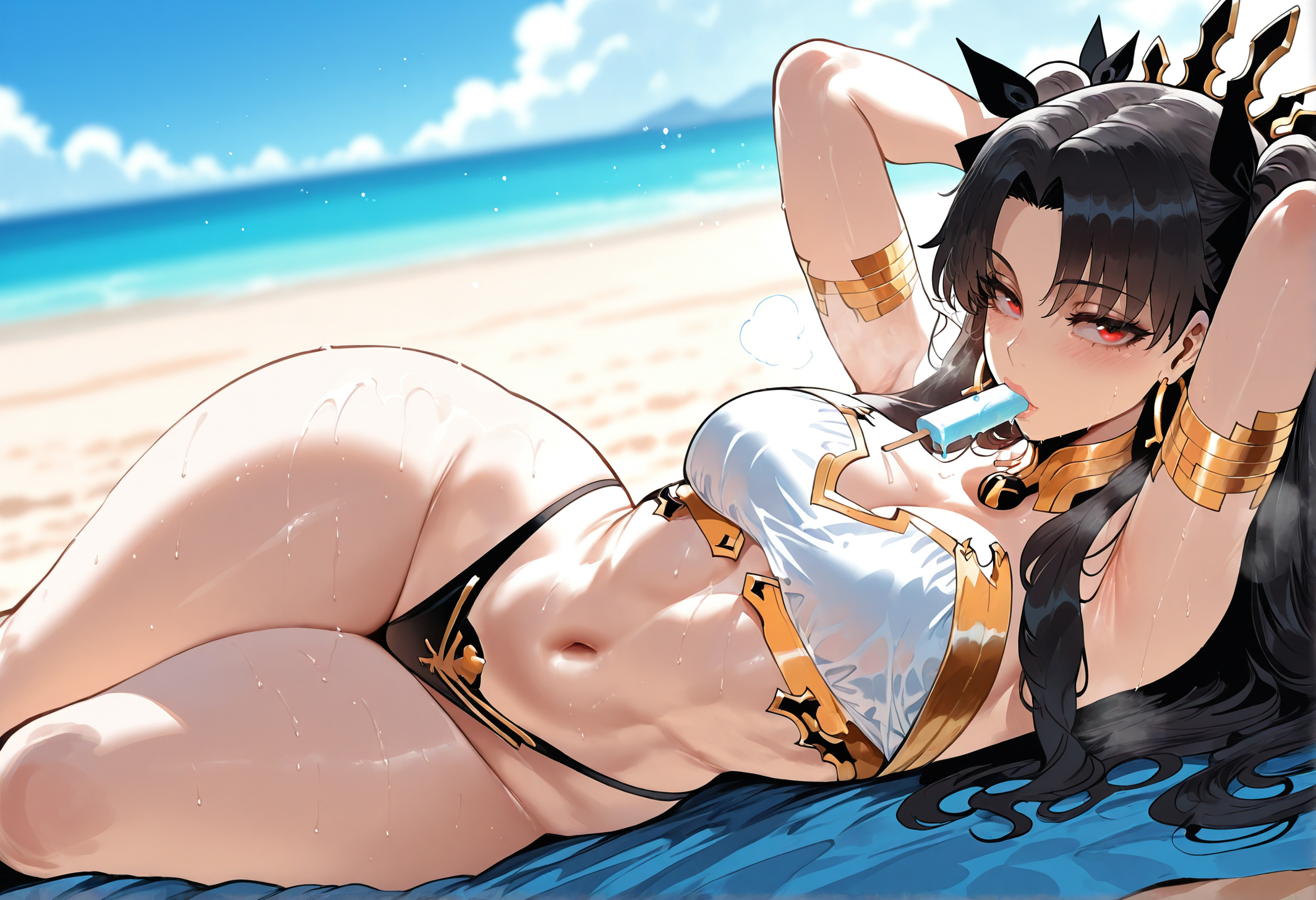 1girls, ai generated, armlet, armpits, arms behind head, arms up, ass, bangs, bare shoulders, beach, bikini, black bikini, black hair, black ribbon, black swimsuit, blue sky, blush, breasts, clavicle, cleavage, clothing, cloud, curvaceous, curvaceous female, curvaceous figure, curvy, curvy figure, day, detached collar, earrings, exhibitionism, fate (series), fate/grand order, female, female focus, female only, food, food in mouth, gold trim, hair ornament, hair ribbon, headwear, highleg bikini, hoop earrings, inviting, inviting to sex, ishtar (fate), jewelry, large breasts, long hair, looking at viewer, lying, medium breasts, mismatched bikini, miyuai, mouth hold, navel, neck ring, ocean, on back, on side, outdoors, outside, parted bangs, popsicle, popsicle in mouth, presenting, presenting ass, presenting breasts, presenting hindquarters, presenting self, red eyes, ribbon, sand, seductive, seductive look, seductive smile, sidelocks, single detached sleeve, sky, solo, stomach, sweat, swimsuit, thighs, tiara, twintails, two side up, voluptuous, voluptuous female, water, wet, white bikini, wide hips