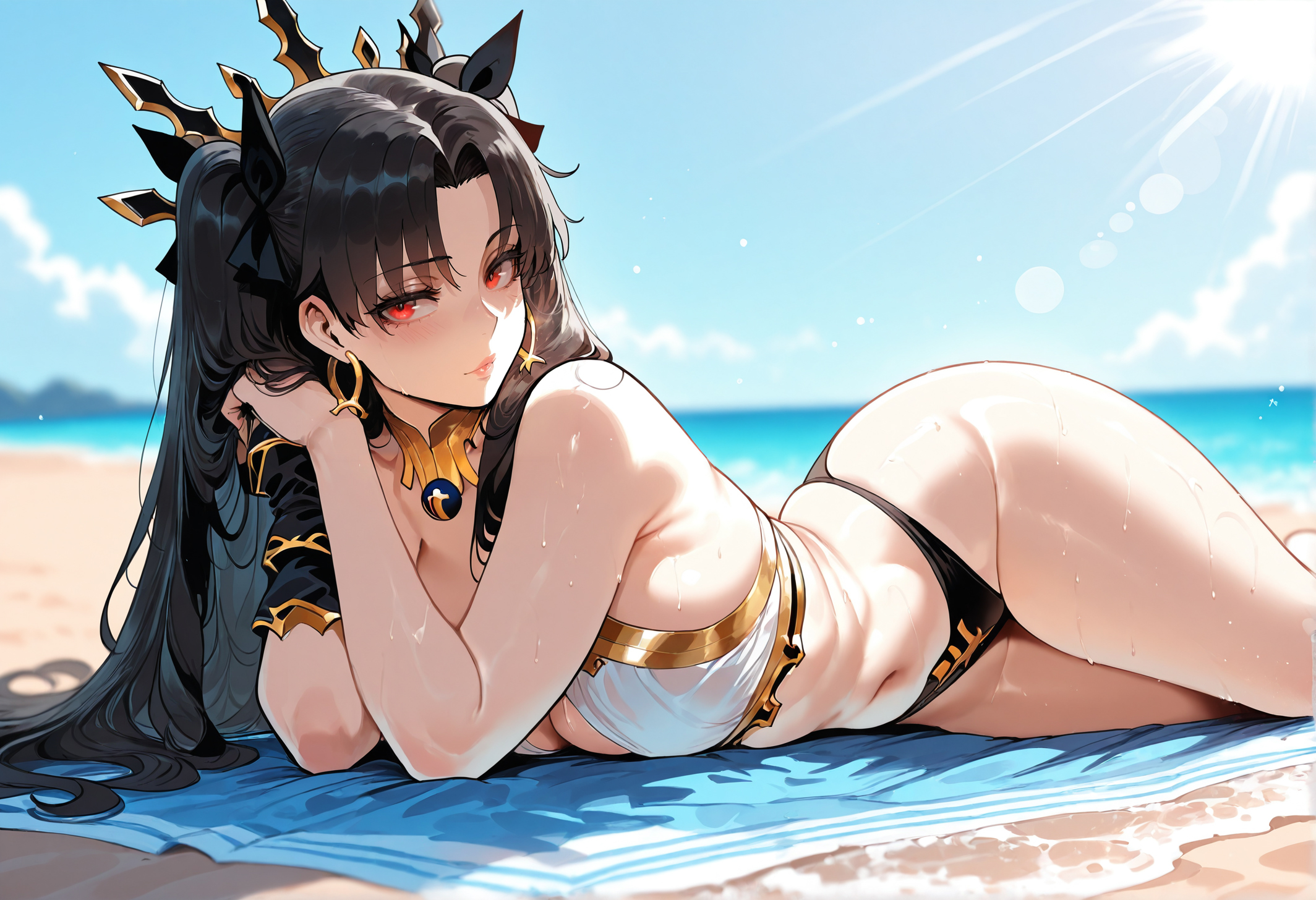 1girls, ai generated, armlet, ass, bangs, bare shoulders, beach, bed, bikini, black bikini, black hair, black ribbon, black swimsuit, blue sky, blush, bracelet, breasts, clavicle, cleavage, closed mouth, clothing, cloud, curvaceous, curvaceous female, curvaceous figure, curvy, curvy figure, day, detached collar, earrings, exhibitionism, fate (series), fate/grand order, female, female focus, female only, gold trim, hair ornament, hair ribbon, hoop earrings, inviting, inviting to sex, ishtar (fate), jewelry, large breasts, long hair, looking at viewer, lying, medium breasts, mismatched bikini, miyuai, navel, neck ring, ocean, on bed, on side, on stomach, outdoors, outside, parted bangs, presenting, presenting ass, presenting breasts, presenting hindquarters, presenting self, red eyes, ribbon, sand, seductive, seductive look, seductive smile, shiny skin, shore, sidelocks, single detached sleeve, sky, smile, solo, stomach, sweat, swimsuit, thighs, tiara, towel, twintails, two side up, voluptuous, voluptuous female, water, wet, white bikini