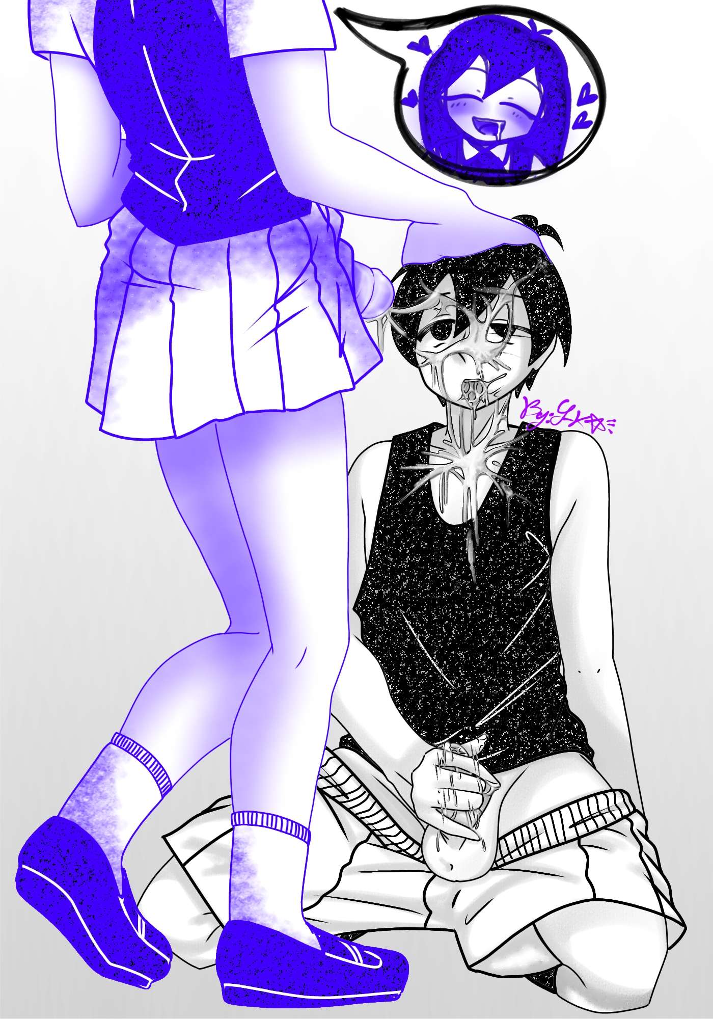 1boy 1futa anime_style black_and_white black_hair black_tank_top blue_eyes blush blush blushing_female brother_and_sister cum_in_mouth cum_on_body cum_on_clothes cum_on_face cum_on_hair cum_on_hand facial futa_on_male futanari hand_on_head happy_female hearts_around_head implied_fellatio implied_oral incest jerking_off looking_at_another looking_up male/female malesub mari_(omori) mob_face older_female older_female_and_younger_male older_sister omori omori_(character) omori_(game) omori_(omori) on_knees penis school_uniform schoolgirl_uniform shorts_down sister sketch skirt_lift skirt_up smile smiling socks socks_and_shoes standing straight tongue_out white_background white_skin younger_brother younger_male yukarin_(artist)