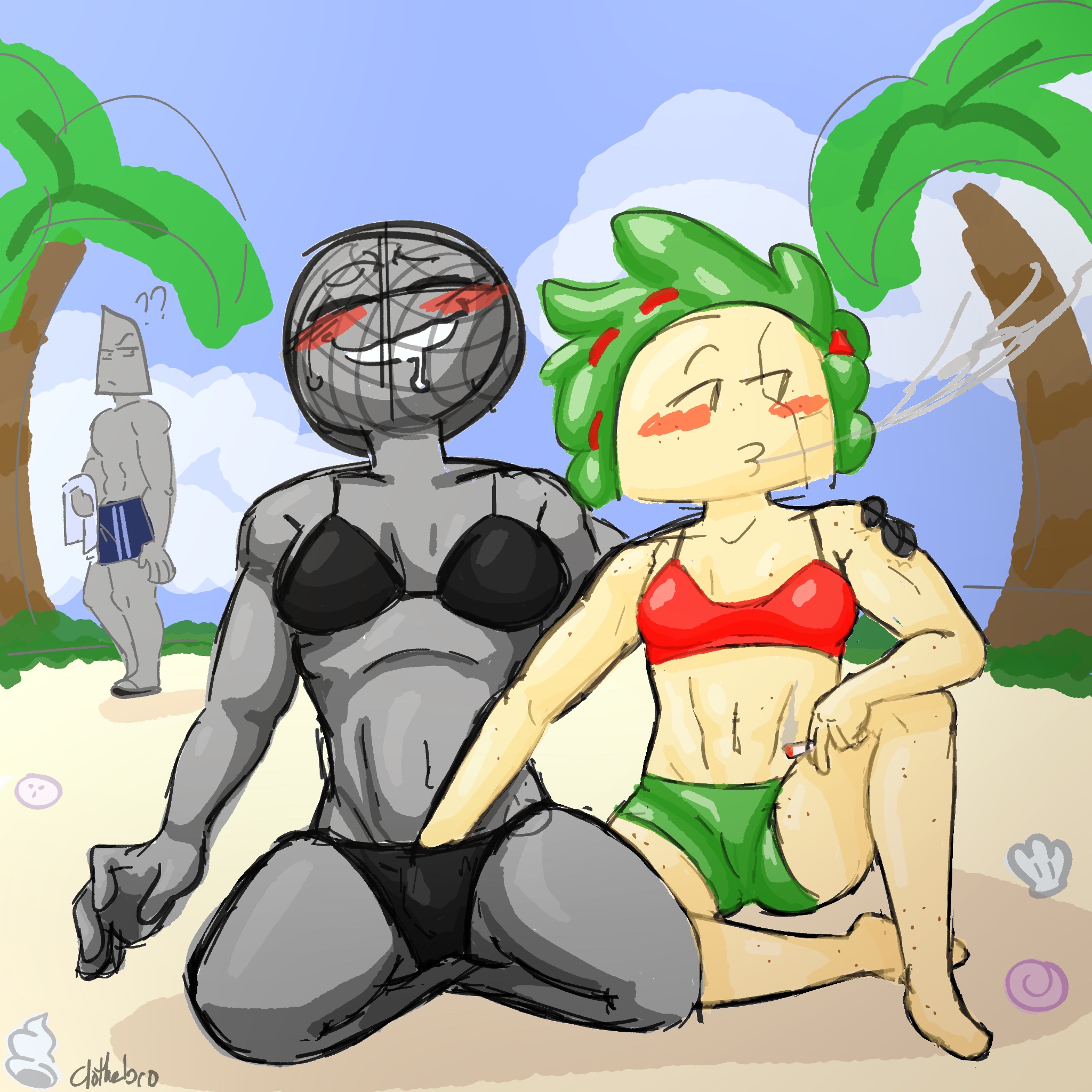 ??, adamation inc., adamationz, animationepic, beach, bike shorts, bikini, bikini bottom, bikini top, black bikini, black bra, blowing smoke, blue shorts, blush, closed eyes, clothebro, cloud, clouds, conch, confused, confused expression, drool, drool string, drooling, fingering, gray skin, green panties, ii, ilovemicii, inanimate insanity, inanimate insanity (season 2), knife (ii), microphone (ii), object head, object show, object show community, object shows, osc, palm tree, question mark, red bra, sand, shell, smoking, smoking weed, taco (ii), towel