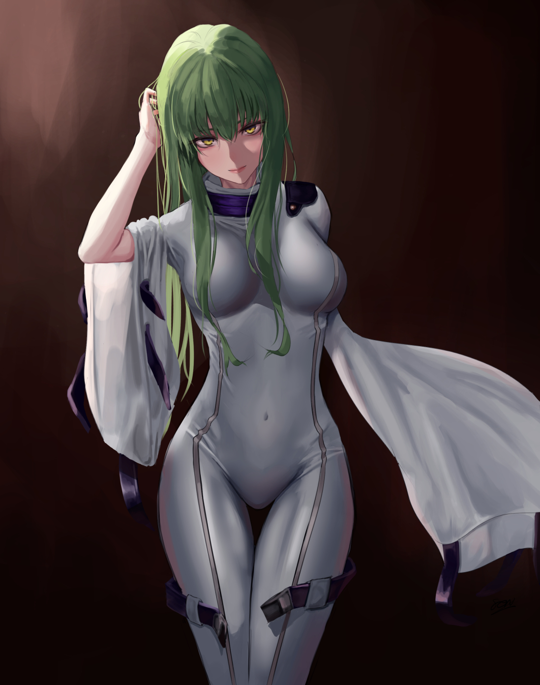 bodysuit breasts breasts_apart c.c. closed_mouth code_geass covered_navel ekuskarma female green_hair hair_between_eyes hand_in_own_hair highres long_hair looking_at_viewer medium_breasts solo standing straight_hair thigh_gap very_long_hair white_bodysuit wide_sleeves yellow_eyes