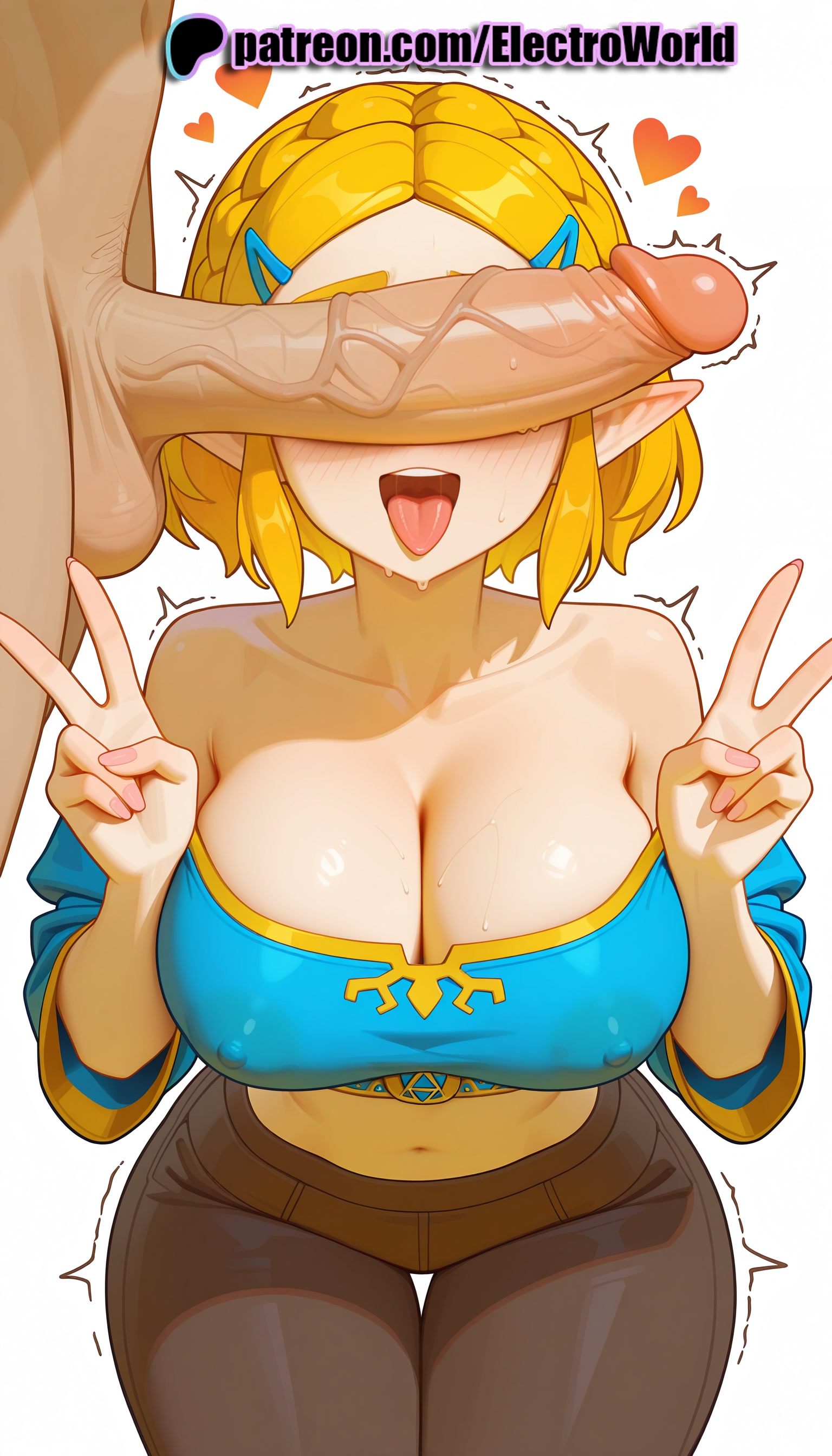 1boy, 1girls, 2025, ai generated, artist name, balls, bare shoulders, breasts, bust, chest, cleavage, clothed female nude male, cock, dick, double v, electroworld, erection, female, hair ornament, hi res, high quality, high resolution, highres, large penis, male, motion lines, nail polish, navel, nintendo, off shoulder, pants, patreon, patreon username, penis, penis awe, penis on face, pink nails, pointy ears, princess zelda, saliva, selfie, solo focus, stable diffusion, straight, tears of the kingdom, testicles, the legend of zelda, transparent background, trembling, twitching penis, uncensored, v, veins, veiny penis, w, watermark, zelda (tears of the kingdom)