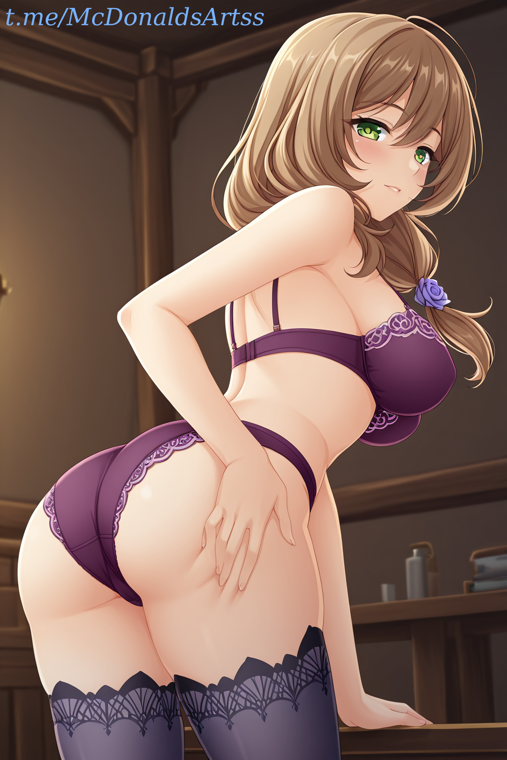 1girl 1girls ai_generated ass ass_focus ass_grab bare_shoulders black_thighhighs blush bra breasts brown_hair closed_mouth commentary_request cowboy_shot female female_focus female_only flower from_behind genshin_impact grabbing_own_ass green_eyes hair_between_eyes hair_flower hair_ornament hand_on_own_ass indoors large_breasts leaning_forward lisa_(genshin_impact) long_hair looking_at_viewer looking_back panties parted_lips purple_bra purple_flower purple_panties purple_rose rose solo straight thighhighs thighs underwear underwear_only zelanell