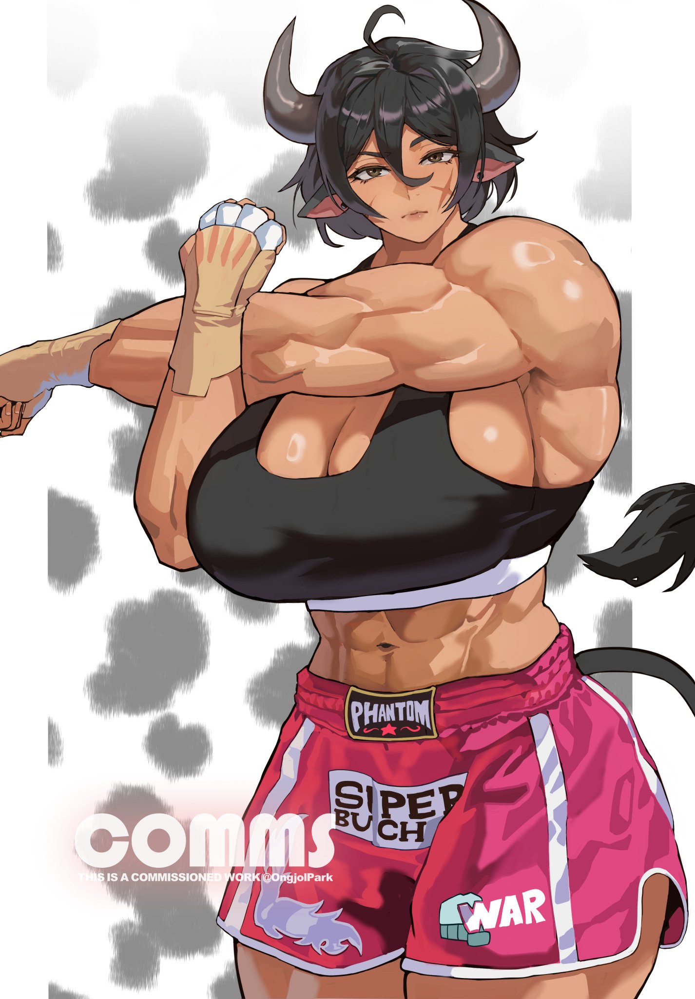 1girls, box, breasts, cow girl, female, large breasts, muscular, muscular female, ongjolpark