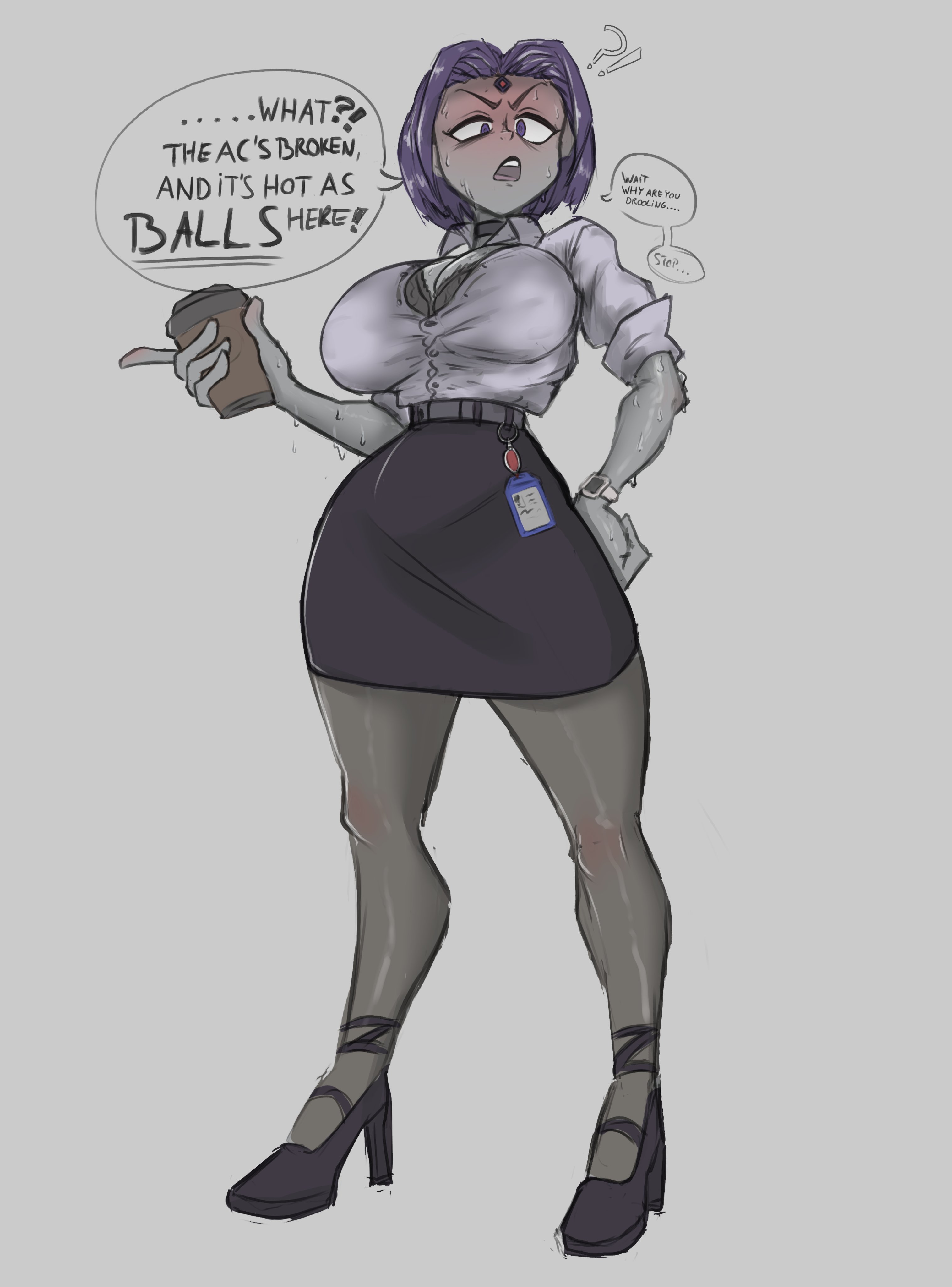 1girls, big breasts, breasts, clothed, clothed female, dc, dc comics, female, female focus, gray skinned female, grey skin, grey skinned female, office, office lady, purple hair, purple hair female, rachel roth, raven (dc), solo, solo female, solo focus, sweating, sweaty