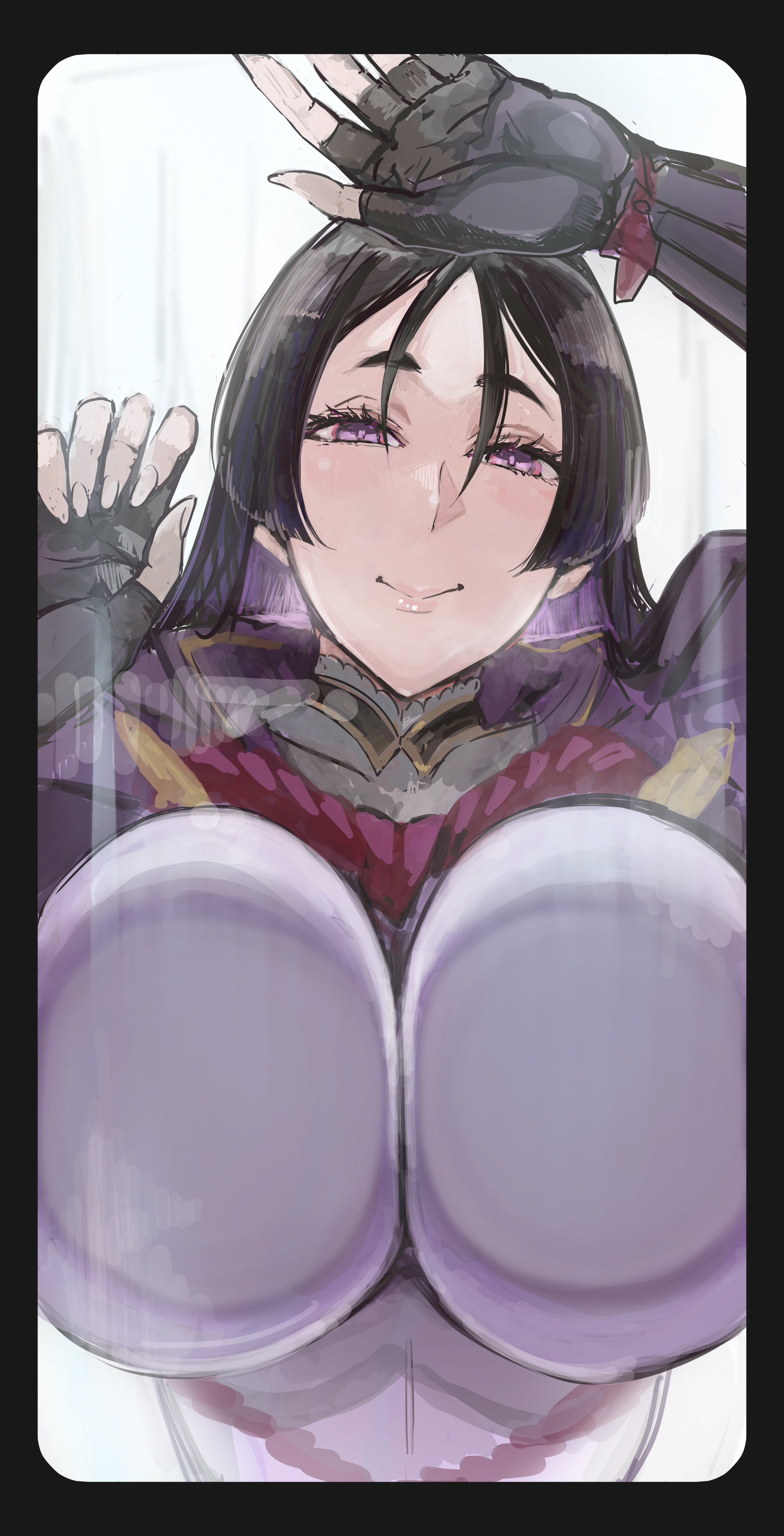 absurdres, against glass, black gloves, bodysuit, breast focus, breast press, breasts, breasts on glass, ebichannoshippo, fate (series), fate/grand order, female, female only, fingerless gloves, glass, gloves, highres, huge breasts, light blush, lipstick, looking at viewer, makeup, mature female, minamoto no raikou (fate), minamoto no raikou (fate/grand order), minamoto no raikou (second ascension) (fate), nail polish, purple bodysuit, purple eyes, purple hair, smile, solo, thick eyebrows, upper body, window