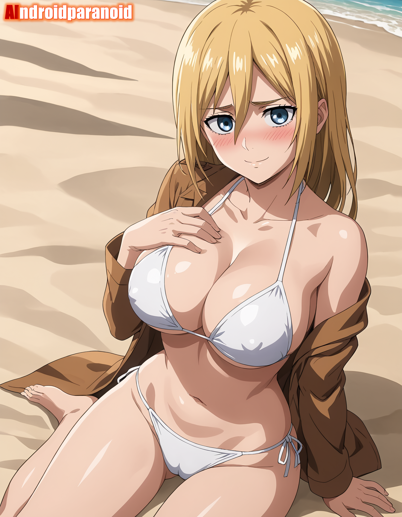 ai generated, aindroidparanoid, ass, attack on titan, big ass, big breasts, big butt, bikini, blonde hair, blue eyes, bra, breasts, busty, christa lenz, curvy, cute, fat ass, female, female only, hips, historia reiss, huge ass, huge breasts, large ass, large breasts, legs, lingerie, narrow waist, panties, shingeki no kyojin, short hair, slim waist, stable diffusion, thick ass, voluptuous, waist, wide hips