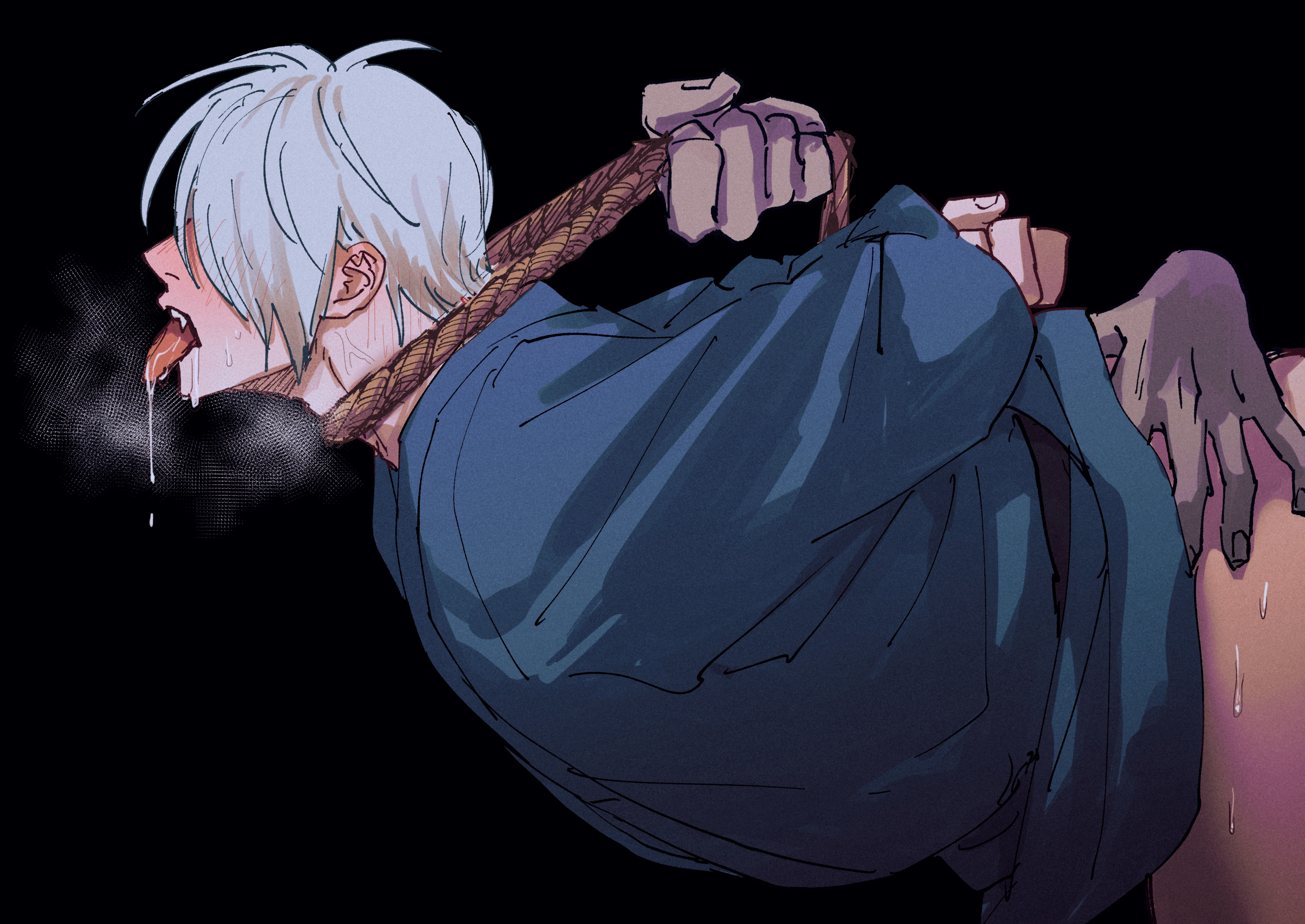 1boy, arms behind back, asphyxiation, bent over, blush, choking, dilf, disembodied hands, drooling, gay, gegege no kitarou, hair over one eye, implied sex, kimono, kitarou tanjou gegege no nazo, long tongue, male, male only, malesub, medama oyaji (human), no visible genitalia, profile, questionable consent, restrained, rope, rope around neck, side view, solo focus, tongue, tongue out, white hair, yaoi