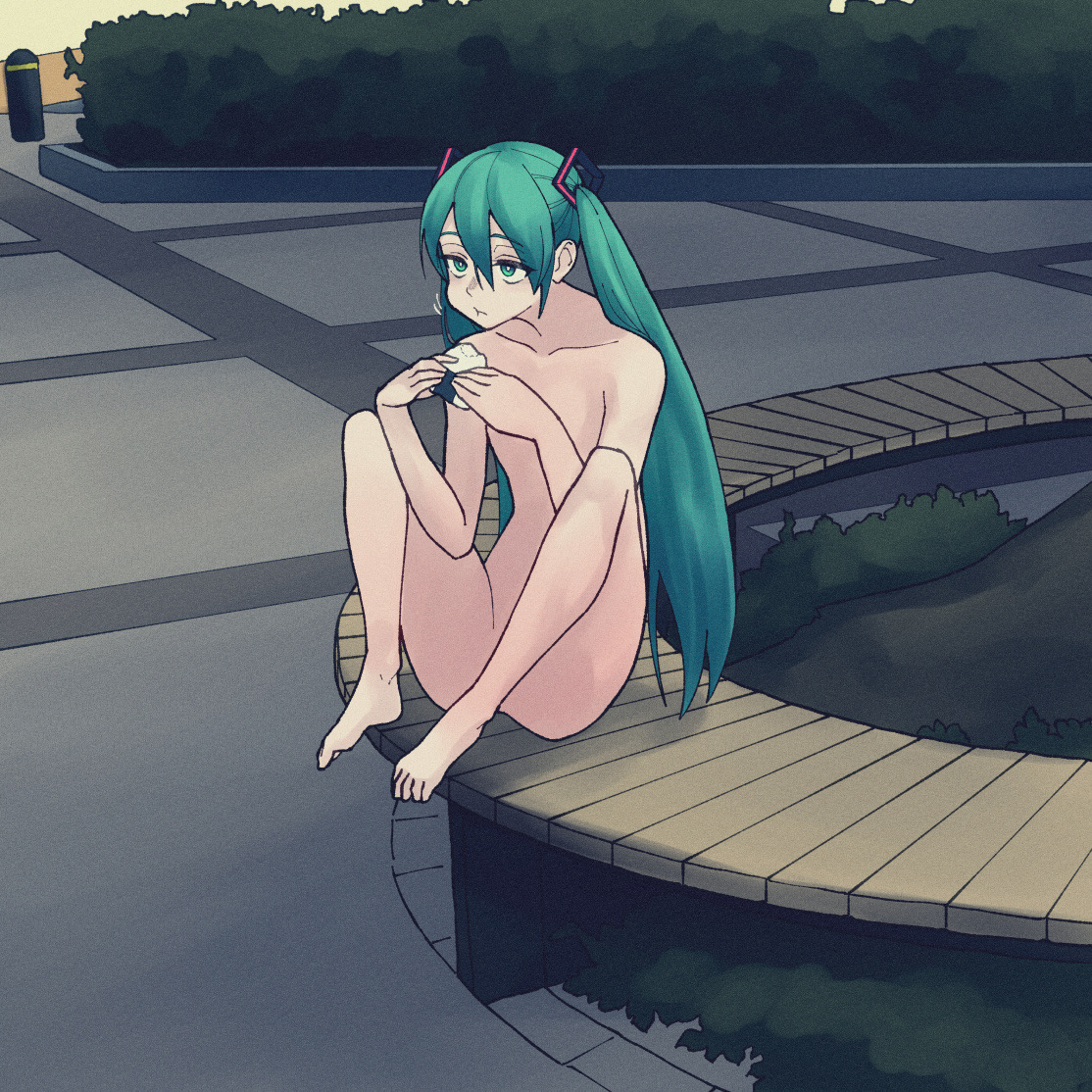 :t, 1girl, 1girls, aqua eyes, aqua hair, bangs, barefoot, bush, byackopath, casual, casual exposure, casual nudity, closed mouth, collarbone, completely nude, convenient censoring, dated, eating, feet, female, female only, flat chest, food, full body, green eyes, hair between eyes, hatsune miku, holding, holding food, knees up, light skin, light-skinned female, long hair, naked, night, nude, nude female, onigiri, outdoor nudity, outdoors, park, public, public nudity, road, sidewalk, sitting, solo, solo female, sushi, ts is so tuff, twintails, very long hair, vocaloid