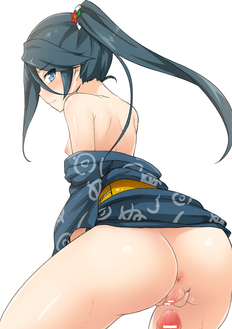 2013 anus ascii_media_works ass blue_hair blush dengeki_daioh female flower grey_eyes hair_ornament hataraku_maou-sama! imminent_sex kamazuki_suzuno long_hair nipples off_shoulder oozora_itsuki penis pussy side_ponytail solo_focus spread_pussy white_fox_(studio)