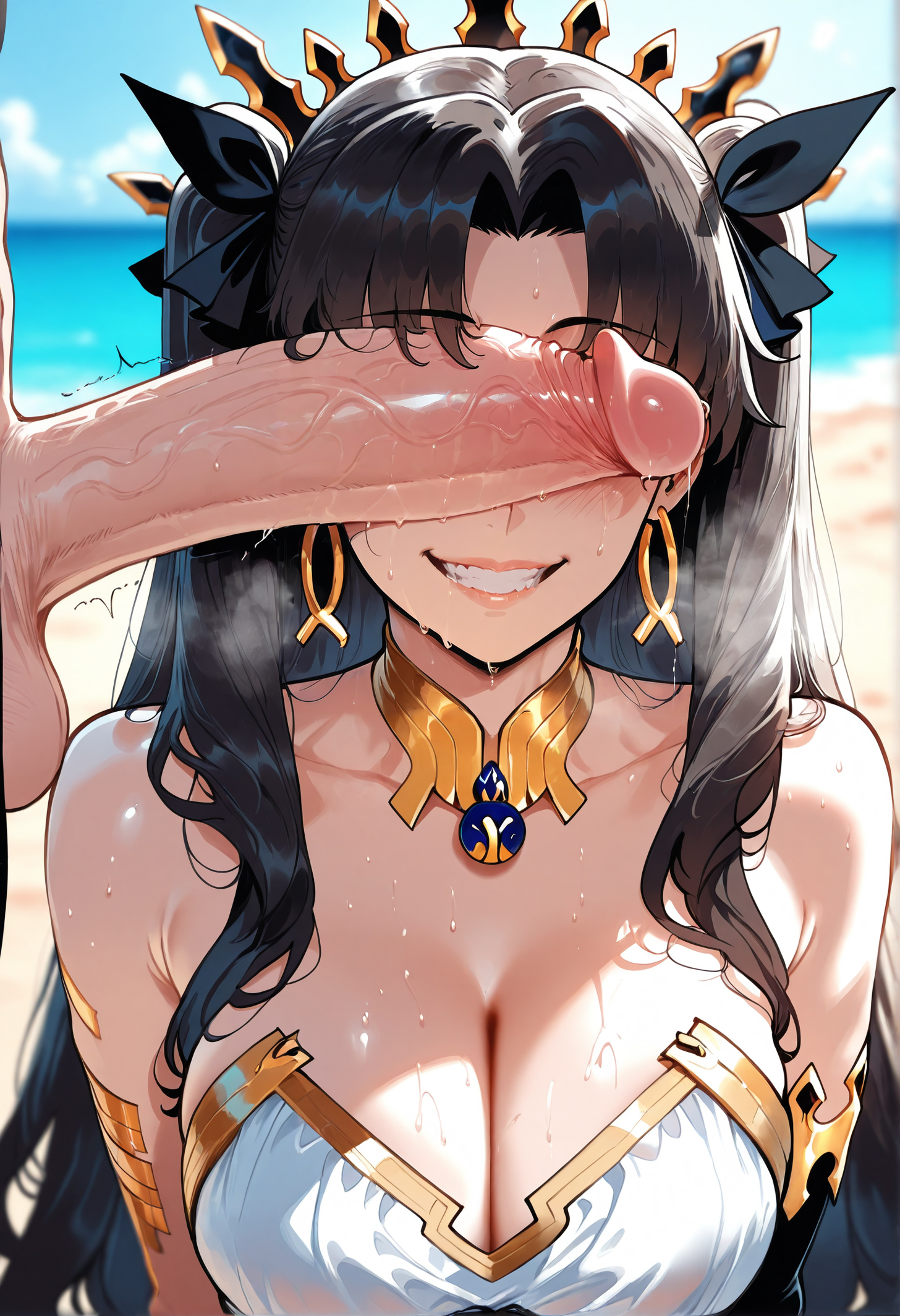 1boy, 1girls, ai generated, areolae, armlet, balls, bangs, bare shoulders, beach, bikini, black hair, blue sky, blush, breasts, clavicle, cleavage, clothing, collarbone, crown, curvaceous, curvaceous female, curvaceous figure, curvy, curvy figure, dark skin, day, detached sleeves, dress, earrings, erection, exhibitionism, fate (series), fate/grand order, female, female focus, grin, hair ornament, hair ribbon, headwear, hoop earrings, huge cock, imminent fellatio, ishtar (fate), jewelry, large breasts, large penis, long hair, male, miyuai, nipples, nude, ocean, outdoors, outside, parted bangs, penis, penis awe, penis on face, penis over eyes, precum, ribbon, sidelocks, sky, smile, solo focus, straight, sweat, swimsuit, teeth, testicles, tiara, twintails, upper body, veins, veiny penis, voluptuous, voluptuous female, white bikini