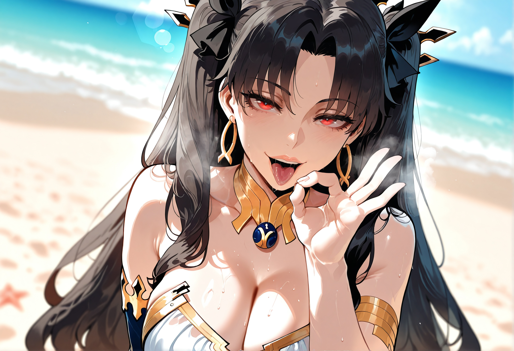1girls, ai generated, armlet, asymmetrical sleeves, bangs, bare shoulders, beach, bikini, black hair, black ribbon, blue sky, blush, bow, bracelet, breasts, clavicle, cleavage, clothing, cloud, collarbone, crown, curvaceous, curvaceous female, curvaceous figure, curvy, curvy figure, day, detached collar, detached sleeves, dress, earrings, exhibitionism, eyebrows, fate (series), fate/grand order, fellatio gesture, female, female focus, female only, gold trim, hair ornament, hair ribbon, hairbow, headwear, hoop earrings, imminent fellatio, inviting, inviting to sex, ishtar (fate), jewelry, large breasts, lips, long hair, looking at viewer, miyuai, nail polish, naughty face, neck ring, necklace, ocean, open mouth, oral invitation, outdoors, outside, parted bangs, presenting, presenting breasts, presenting self, red eyes, ribbon, sand, seductive, seductive look, seductive smile, sexually suggestive, sidelocks, single detached sleeve, sky, smile, solo, sweat, swimsuit, teeth, tiara, tongue, tongue out, twintails, two side up, uneven sleeves, upper body, voluptuous, voluptuous female, water, wet, white bikini