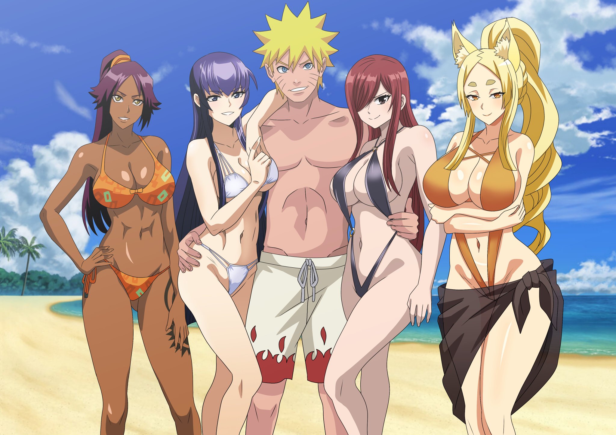 1boy, 4girls, animal ears, ass, beach, big ass, big breasts, bikini, bleach, blonde hair, blonde-haired male, breasts, busty, center opening, cleavage, crossed arms, crossover, curvaceous, curvy female, dark skin, dark-skinned female, erza scarlet, fairy tail, female, fox ears, fox girl, fox milf, fox mommy, fox woman, harem, high school dxd, highschool of the dead, hourglass figure, light skin, light-skinned female, looking at viewer, male, multiple females, multiple girls, naruto, naruto (series), naruto shippuden, ninrubio, one-piece swimsuit, outdoors, purple hair, red hair, red-haired female, revealing swimsuit, saeko busujima, sarong, seaside, shihouin yoruichi, shorts, shounen jump, skimpy, skimpy bikini, slim waist, sling bikini, slingshot swimsuit, smile, toned, toned male, torso grab, underboob, uzumaki naruto, voluptuous, voluptuous female, wide hips, yasaka (high school dxd)
