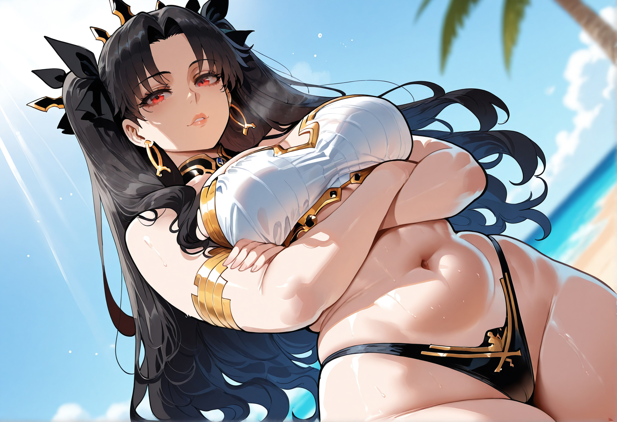 1girls, ai generated, armlet, bangs, bare shoulders, beach, bikini, black bikini, black hair, black ribbon, black swimsuit, blue sky, blush, bracelet, breasts, cameltoe, clavicle, cleavage, clothing, cloud, crossed arms, crown, curvaceous, curvaceous female, curvaceous figure, curvy, curvy figure, day, detached collar, earrings, exhibitionism, fate (series), fate/grand order, female, female focus, female only, gold trim, hair ornament, hair ribbon, headwear, highleg, highleg bikini, hoop earrings, inviting, inviting to sex, ishtar (fate), jewelry, large breasts, lips, long hair, looking at viewer, mismatched bikini, miyuai, navel, neck ring, ocean, outdoors, outside, palm tree, parted bangs, parted lips, plump, presenting, presenting breasts, presenting self, pussy, red eyes, ribbon, sand, seductive, seductive look, seductive smile, shiny skin, sidelocks, skindentation, sky, smile, solo, stomach, sweat, swimsuit, thick thighs, thighs, tiara, tree, twintails, two side up, voluptuous, voluptuous female, water, wet, white bikini