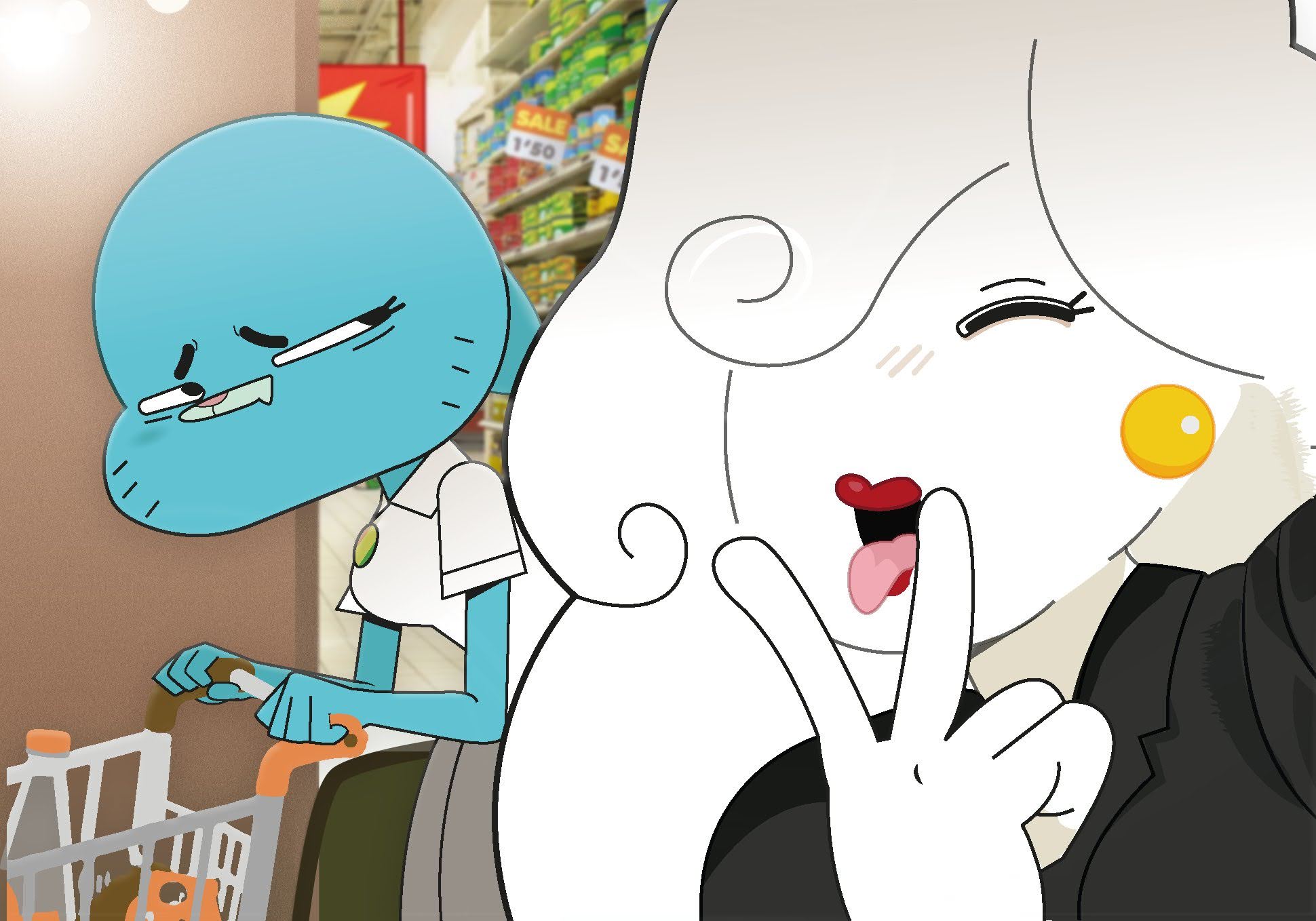 2girls, anthro, black shirt, blue skin, closed eyes, clothing, collared shirt, colored skin, earrings, female, furry, furry female, glasses, gosgoz, grey skirt, hair over one eye, indoors, jewelry, lipstick, long hair, makeup, mammal, monster girl, multiple girls, nicole watterson, old woman, open mouth, poster (object), red lips, shirt, shopping cart, short sleeves, skirt, smile, suggestive, the amazing world of gumball, tongue, tongue out, upper body, v, whiskers, white hair, white shirt, white skin, yuki yoshida
