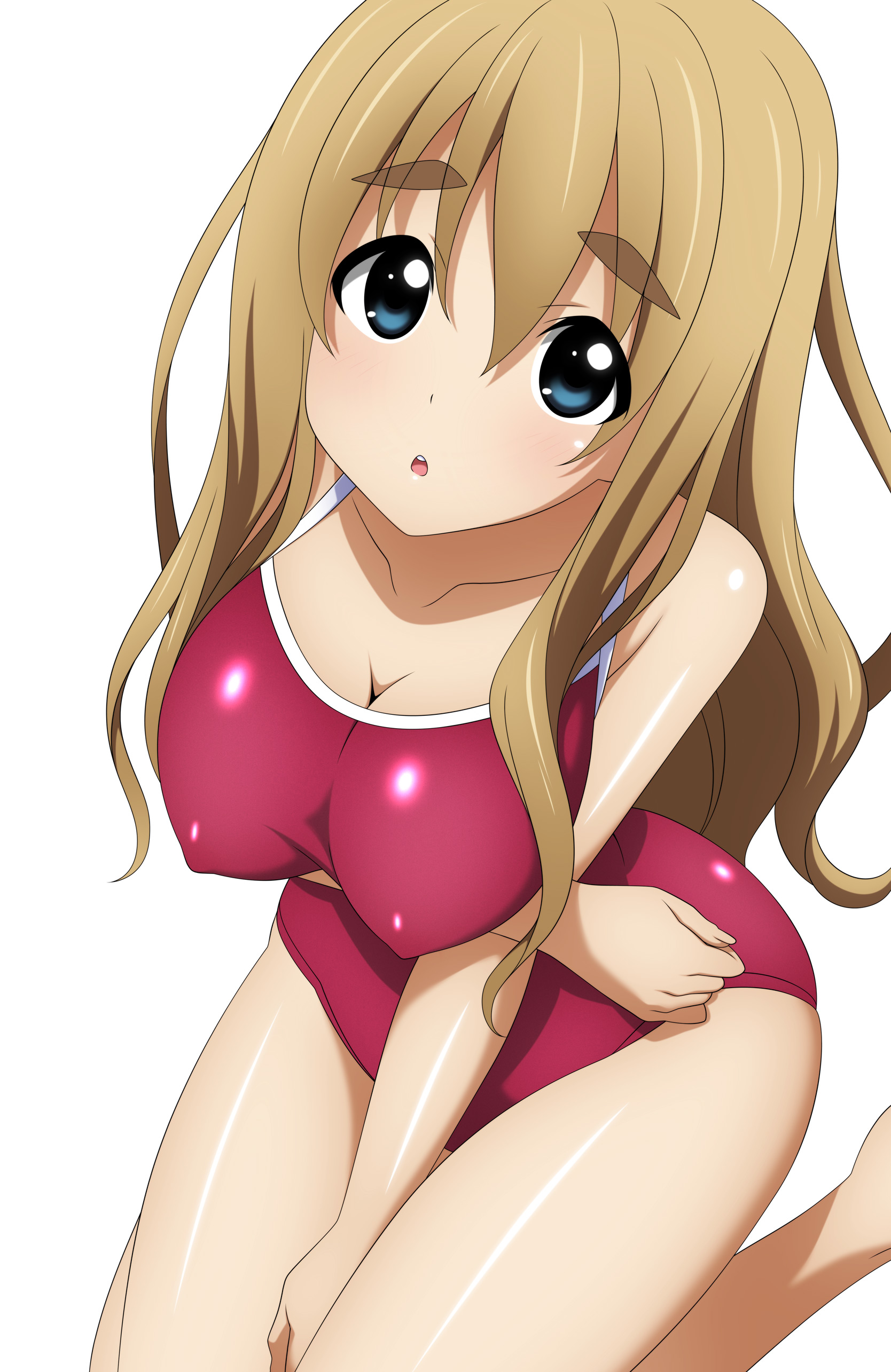 1girls, artist request, big breasts, big eyebrows, blonde hair, blue eyes, breasts, fair skin, female, k-on!, looking up, nipples visible through clothing, one-piece swimsuit, pleading, simple background, swimsuit, swimwear, tagme (artist), thick thighs, thighs, tsumugi kotobuki (k-on!)