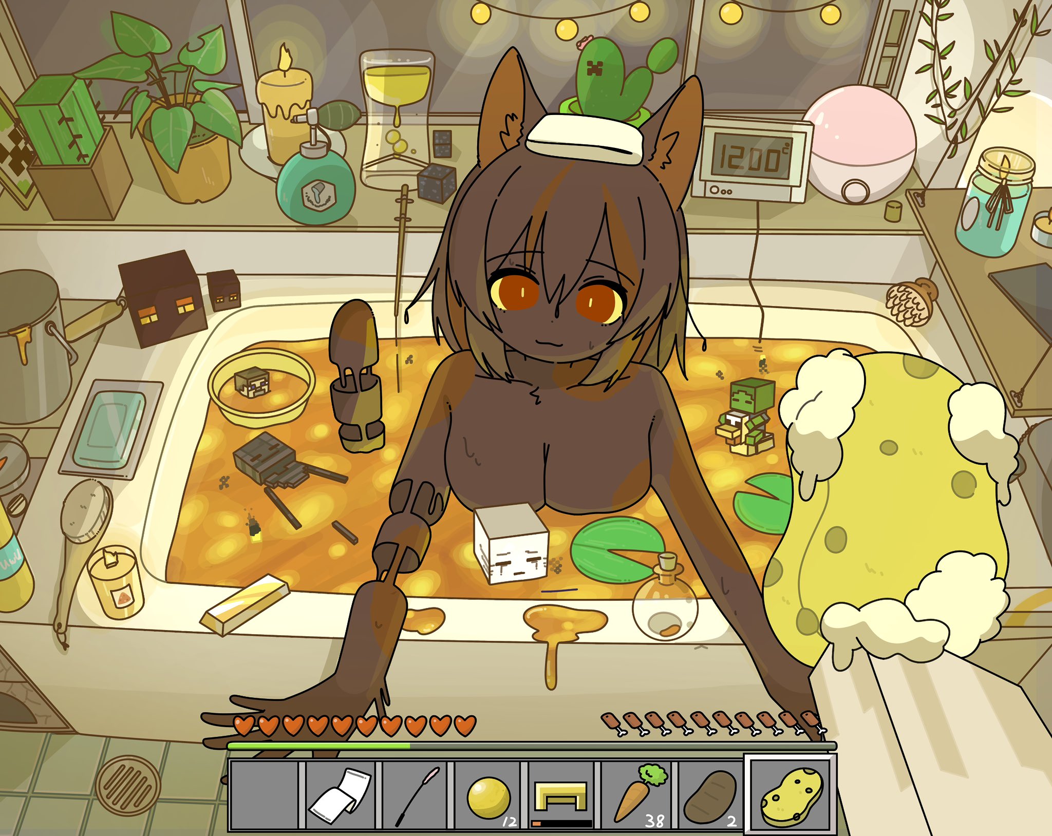 1boy, 1girls, bathtub, chicken (minecraft), chicken jockey, creeper, creeper (minecraft), doremifaso64, female, ghast (minecraft), lava, looking at viewer, magma cube, male, male pov, meme reference, minecraft, minecraft mob, mojang, naked female, steve (minecraft), tagme, wither skeleton (minecraft), zombie (minecraft)