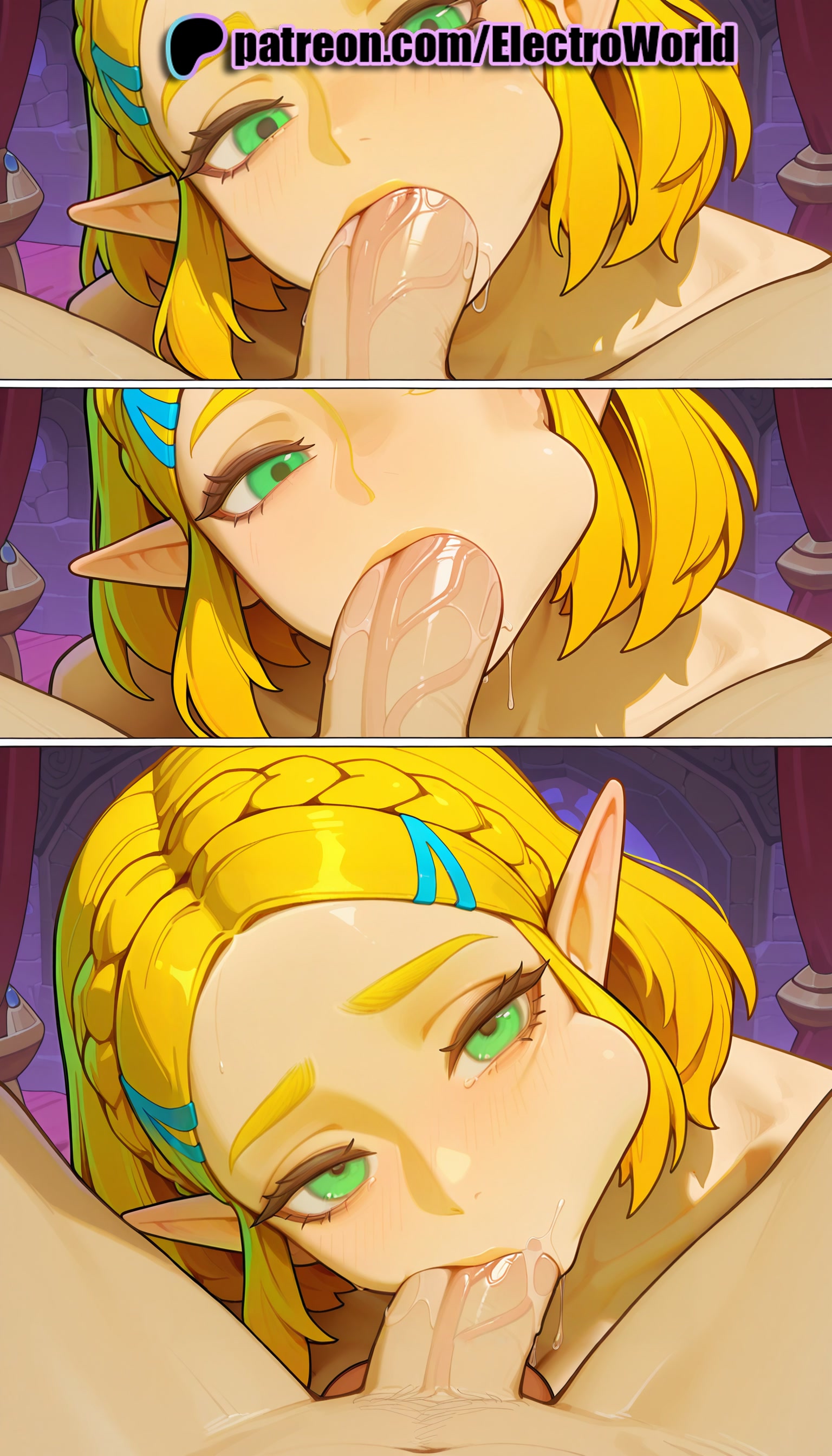 1boy, 1girls, 2025, ai generated, artist name, balls, blonde hair, blowjob, blowjob face, braid, cheek bulge, cock, deep blowjob, dick, electroworld, english text, eye contact, fellatio, female, foreskin, green eyes, group sex, hair ornament, hairclip, head tilt, hi res, high quality, high resolution, highres, irrumatio, licking, licking penis, long hair, male, multiple fellatio, multiple females, multiple girls, multiple persona, nintendo, oral, oral sex, patreon, patreon username, penis, petite, pointy ears, ponytail, pov, princess zelda, selfie, short hair, slim, stable diffusion, straight, sucking, tears of the kingdom, testicles, the legend of zelda, uncensored, uncircumcised, watermark, zelda (tears of the kingdom)