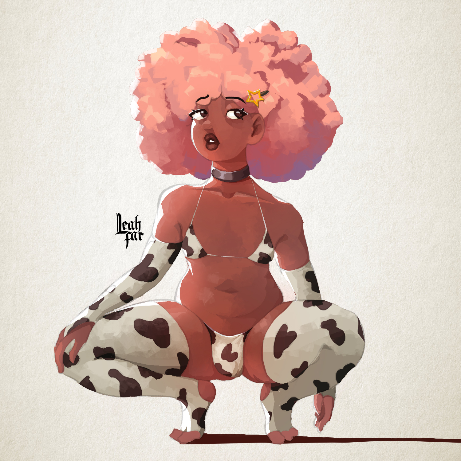 1boy, 2024, 2d, afro, balls, balls bulge, balls in bikini, balls in panties, balls in thong, bikini, brown eyes, cafequeen, charley davis, color, cow print, cow print armwear, cow print bikini, cow print elbow gloves, cow print legwear, cow print thighhighs, dark skin, dark-skinned femboy, dark-skinned male, elbow gloves, femboy, femboy only, hair, hair clip, hair ornament, long hair, male, male only, on toes, original, original character, pink hair, simple background, sissy, sleeve gloves, solo, squatting, star (symbol), star ornament, thick legs, thick thighs, thighhighs, thighs, tippy toes, toeless legwear