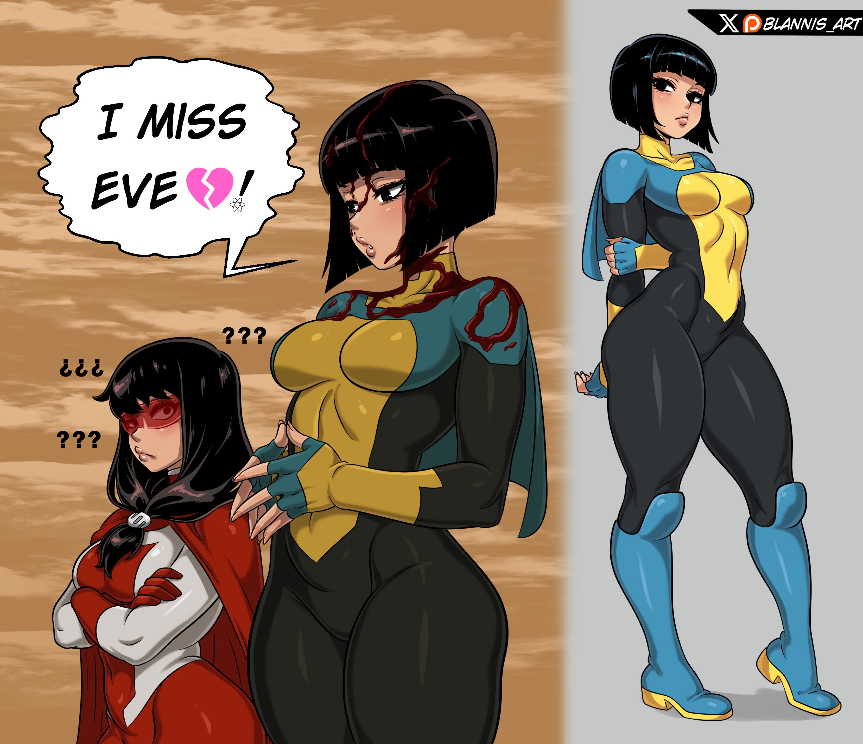 2girls, alternate self, asian, asian female, black hair, black-haired female, blannis art, boobs, breasts, clothed, clothed female, counterpart, covered in blood, female, femvincible, gay?, genderswap, genderswap (mtf), invincible, invincible (superhero), invincible (tv series), light skin, light-skinned female, maskless mark, multiple females, multiple girls, omni-mark (invincible), rule 63, text, text bubble, thick thighs, thighs bigger than torso