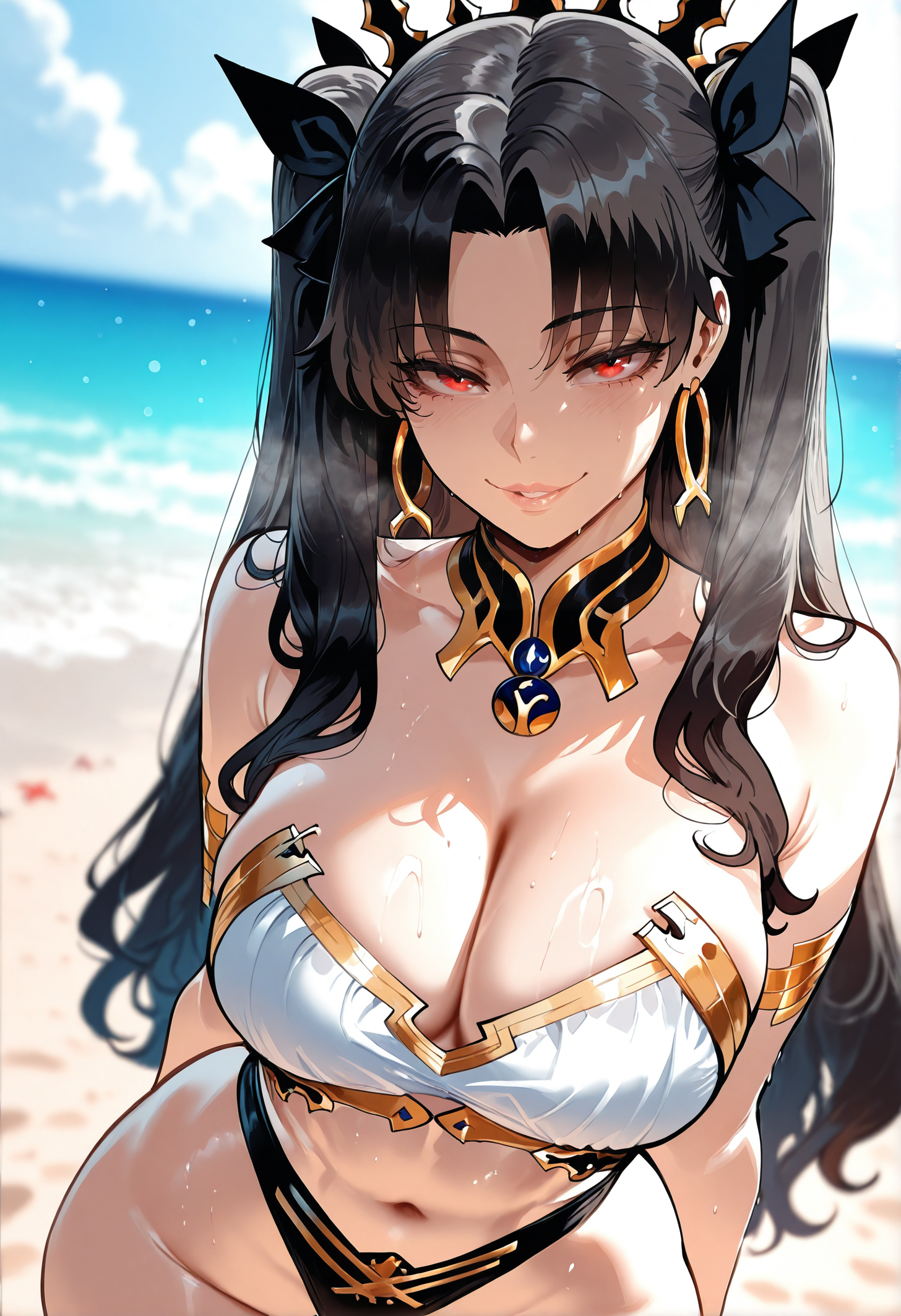 1girls, adapted costume, ai generated, armlet, arms behind back, bangs, bare shoulders, beach, bikini, black bikini, black hair, black ribbon, blue sky, blush, bow, breasts, clavicle, cleavage, clothing, cloud, collarbone, crown, curvaceous, curvaceous female, curvaceous figure, curvy, curvy figure, day, detached collar, earrings, exhibitionism, fate (series), fate/grand order, female, female focus, female only, gold trim, hair ornament, hair ribbon, headwear, highleg, highleg bikini, hoop earrings, inviting, inviting to sex, ishtar (fate), jewelry, large breasts, long hair, looking at viewer, medium breasts, mismatched bikini, miyuai, navel, neck ring, ocean, outdoors, outside, parted bangs, parted lips, presenting, presenting breasts, presenting self, red eyes, ribbon, sand, seductive, seductive look, seductive smile, shiny skin, shore, sidelocks, skindentation, sky, smile, solo, standing, stomach, strapless, strapless bikini, sweat, swimsuit, thighs, tiara, twintails, two side up, voluptuous, voluptuous female, water, wet, white bikini