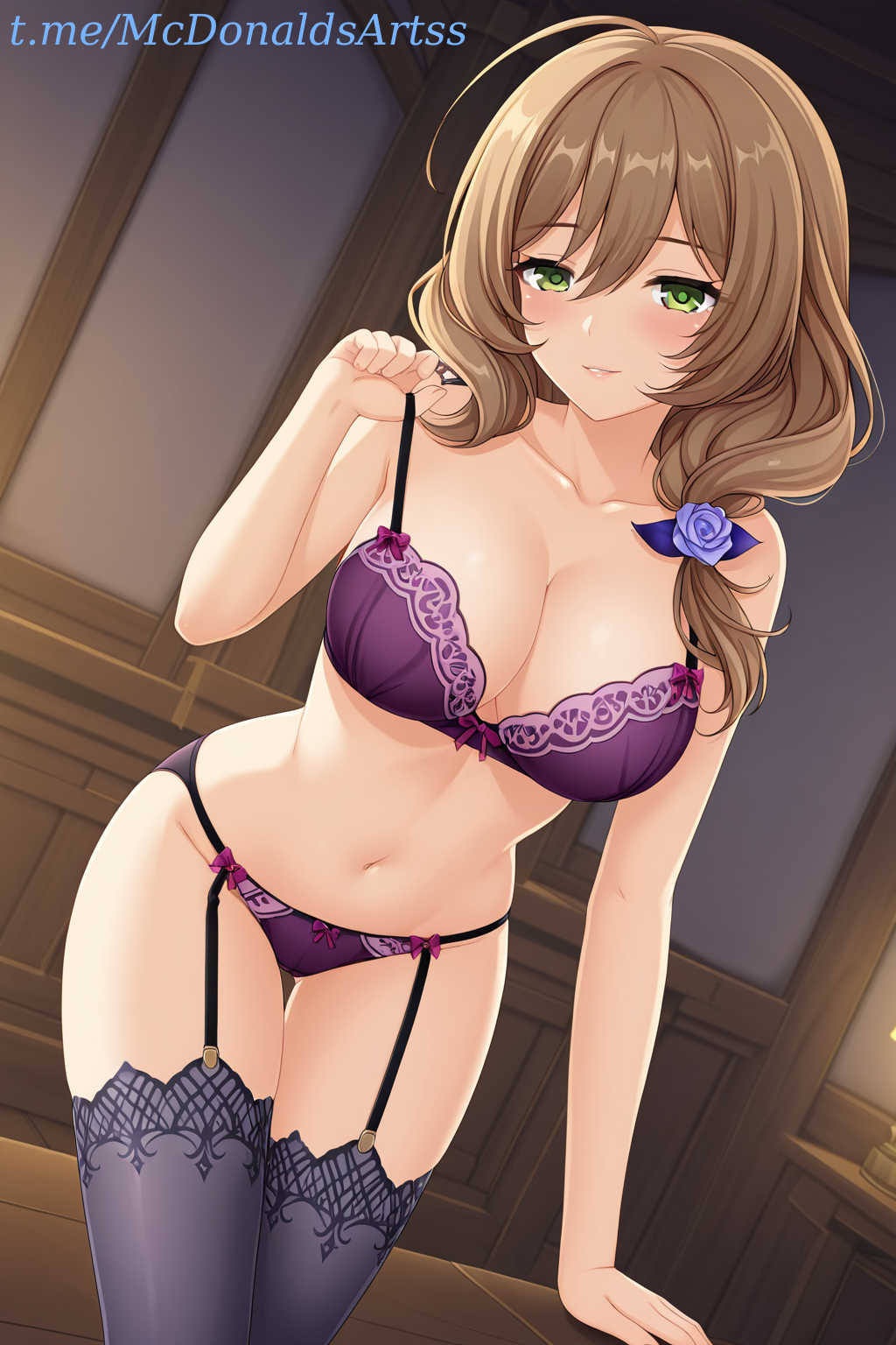 1girls, ahoge, ai generated, arm support, bare arms, bare shoulders, big breasts, black thighhighs, blush, bow, bow bra, bow panties, bra, breasts, brown hair, cleavage, collarbone, commentary request, dutch angle, female, female focus, female only, flower, garter belt, garter straps, genshin impact, green eyes, groin, hair between eyes, hair flower, hair ornament, hair over shoulder, hand up, indoors, lace trim, lace-trimmed bra, large breasts, leaning forward, light-skinned female, lingerie, lisa (genshin impact), long hair, looking at viewer, navel, panties, parted lips, purple bra, purple panties, rose, smile, solo, solo female, solo focus, stomach, straight, strap pull, thigh gap, thighhighs, thighs, underwear, underwear only, zelanell