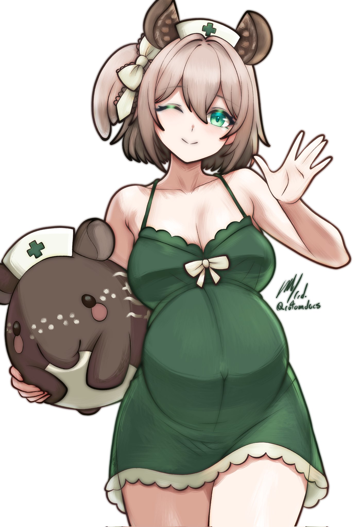 :), 1girls, animal ears, babydoll, bare shoulders, big breasts, breasts, brown hair, cleavage, clothed, collarbone, dress, eyelashes, female, female only, green eyes, head tilt, highres, holding creature, holding object, kemonomimi, light hair, light skin, light-skinned female, maternity clothes, maternity dress, nimi nightmare, nimi nightmare (tapir), nurse cap, one eye closed, pregnancy, pregnant, pregnant belly, pregnant female, rotomdocs, side ponytail, smile, solo, standing, tapir, thighs, virtual youtuber, waving, waving at viewer, wink, winking at viewer