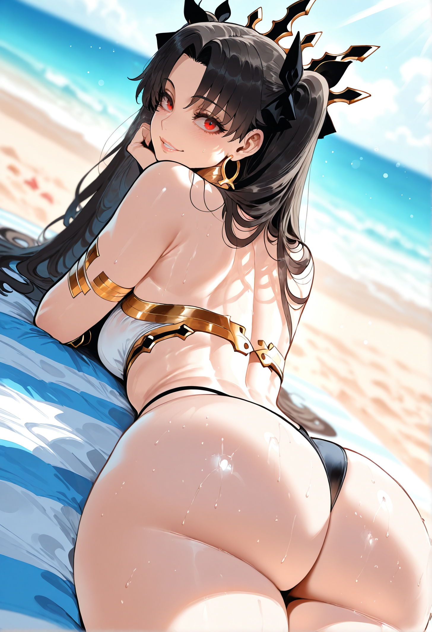 1girls, ai generated, armlet, ass, ass focus, back, bangs, bare shoulders, beach, bikini, black bikini, black bow, black hair, black ribbon, black swimsuit, blue sky, blush, bow, bracelet, breasts, clothing, cloud, crown, curvaceous, curvaceous female, curvaceous figure, curvy, curvy figure, day, earrings, exhibitionism, fate (series), fate/grand order, female, female focus, female only, from behind, gold trim, grin, hair ornament, hair ribbon, head rest, hoop earrings, huge ass, inviting, inviting to sex, ishtar (fate), jewelry, large breasts, long hair, looking at viewer, looking back, lying, mismatched bikini, miyuai, neck ring, ocean, on stomach, outdoors, outside, parted bangs, parted lips, presenting, presenting ass, presenting breasts, presenting hindquarters, presenting self, red eyes, ribbon, sand, seductive, seductive look, seductive smile, shiny skin, sideboob, skindentation, sky, smile, solo, sweat, swimsuit, thick thighs, thighs, tiara, twintails, two side up, voluptuous, voluptuous female, water, wet, white bikini